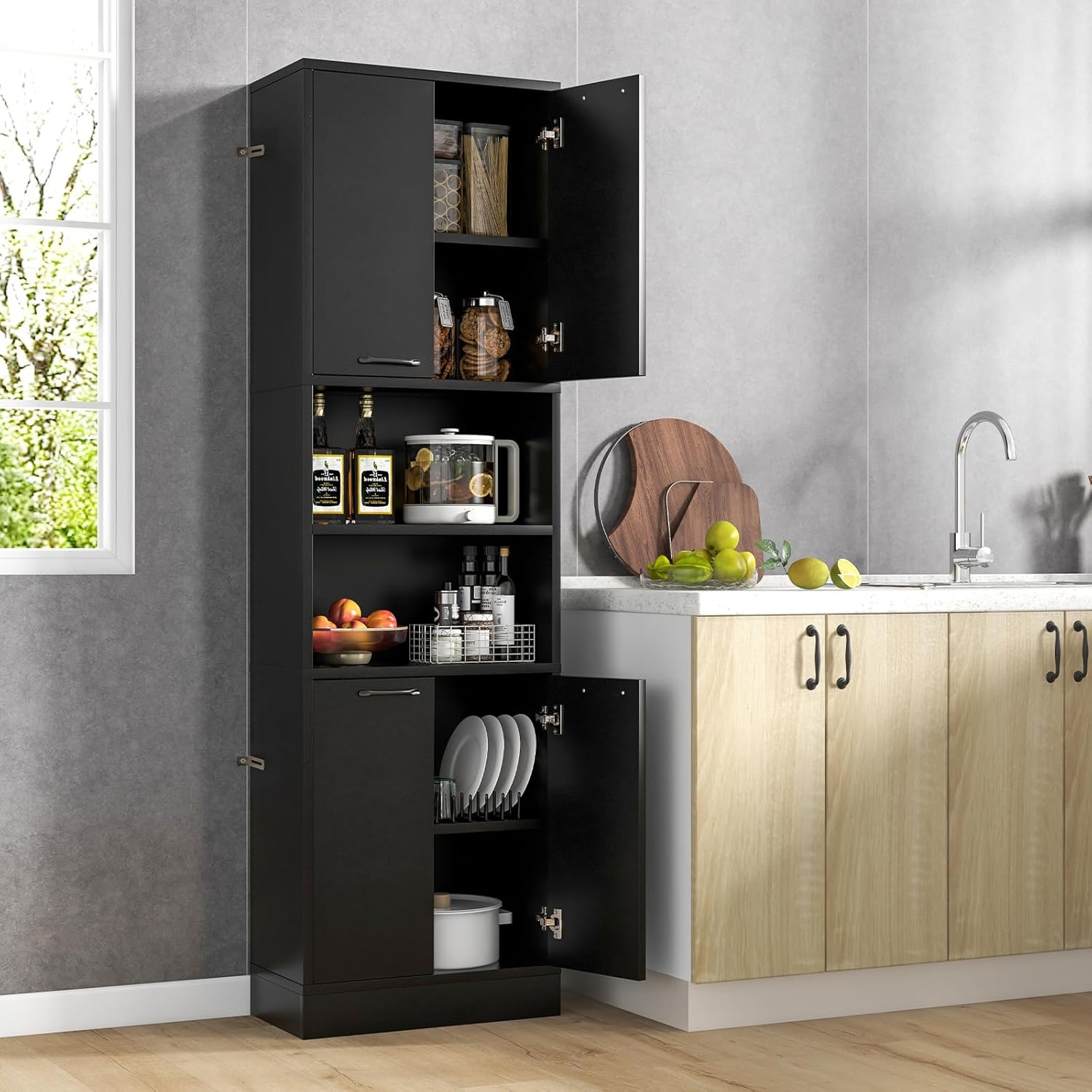 Tangkula 75-inch Tall Bathroom Storage Cabinet in a kitchen setting, with doors open revealing kitchen items like plates, oils, and small appliances.