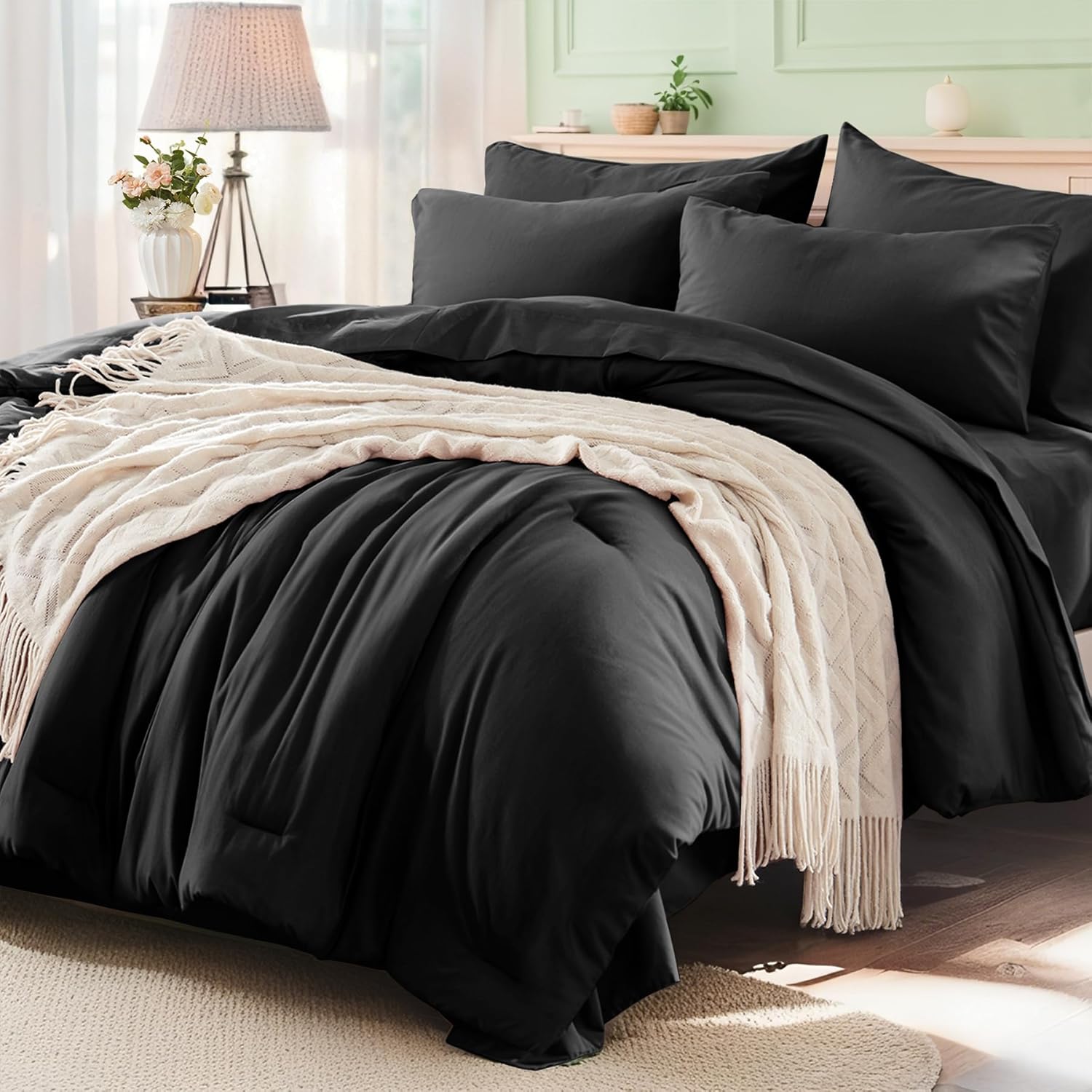 Anluoer King Size Comforter Set - 7 Pieces Bedding Sets King, Bed in a Bag Black Bed Set with 1 Comforter, 2 Pillow Shams, 2 Pillowcases, 1 Flat Sheet, 1 Fitted Sheet 08 - Black King