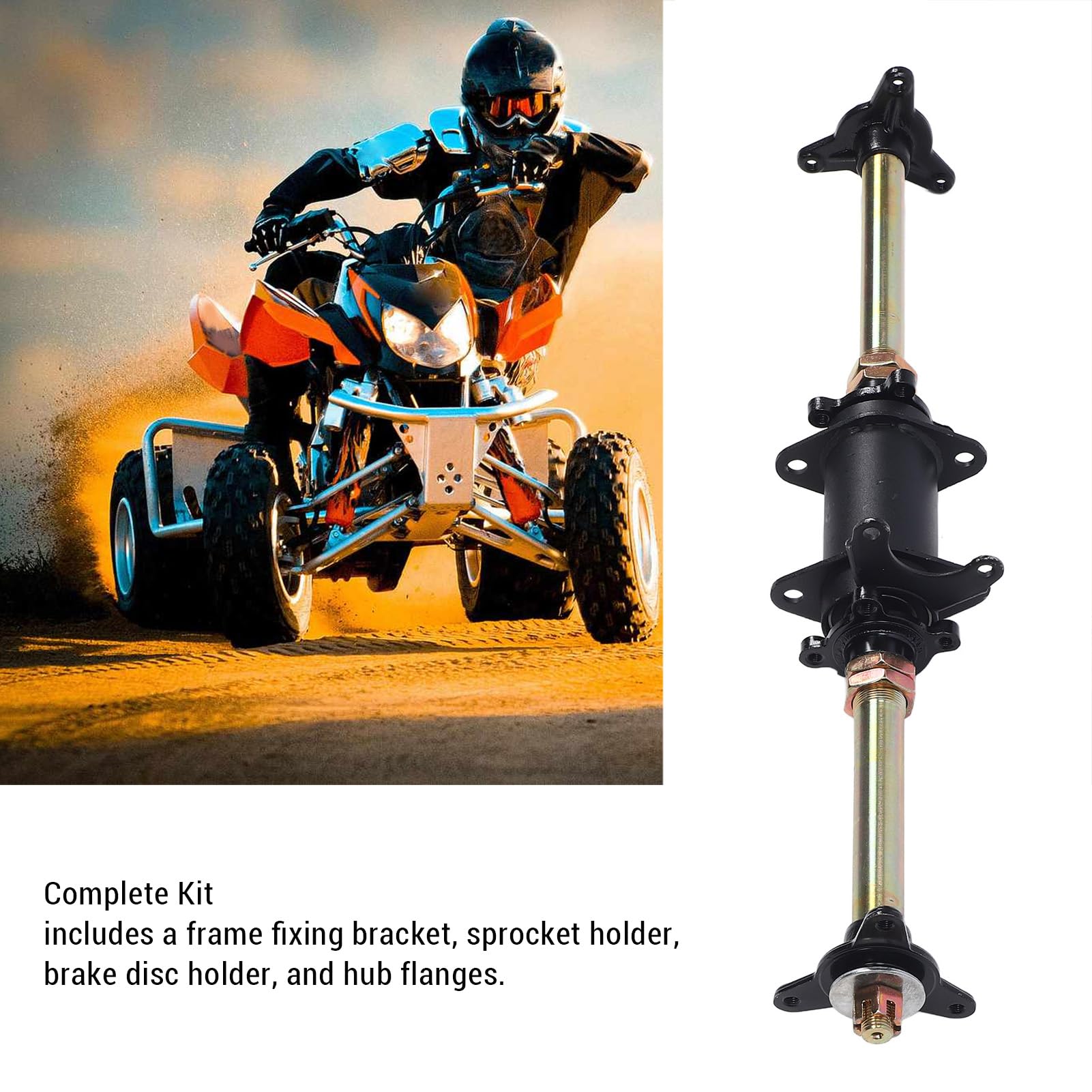 Kit de Eje Trasero para Kart, Eje Vivo de 650mm con Piñón y Soporte de Disco de Freno, para Kart Quad y Triciclo de Derrape