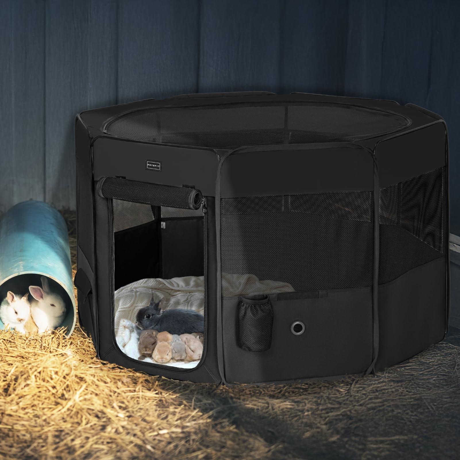 PETSFIT Penna per cani per interni, fondo anti-perdite, pieghevole, pieghevole, design a prova di masticazione, box per cani da interno, 116 × 106 × 72 cm, nero