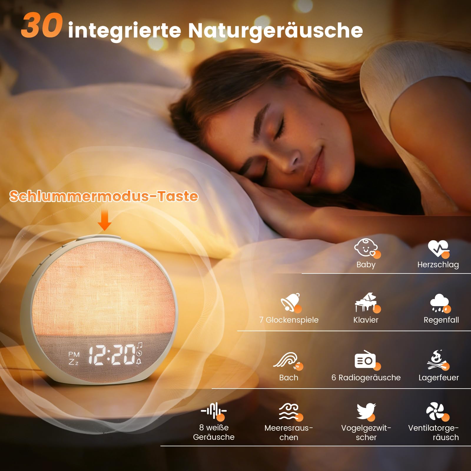 Tageslichtwecker Lichtwecker, Sonnenaufgang Wecker mit Wake Up Light, 11 Lichtfarben, 30 Beruhigenden Klängen, 7 Alarmtönen, 10 Helligkeitsstufen, Bluetoothfunktion & Snooze für Schlafzimmer