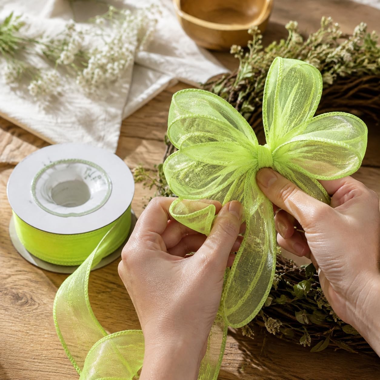 Ribbon Roll with Wire Edge for Decorative Gift Boxes Chair Adornments Bouquet Wrapping Transparent Nylon Weave Malleable Border 18.2, 25mm W x 18.2m L, Green image 3