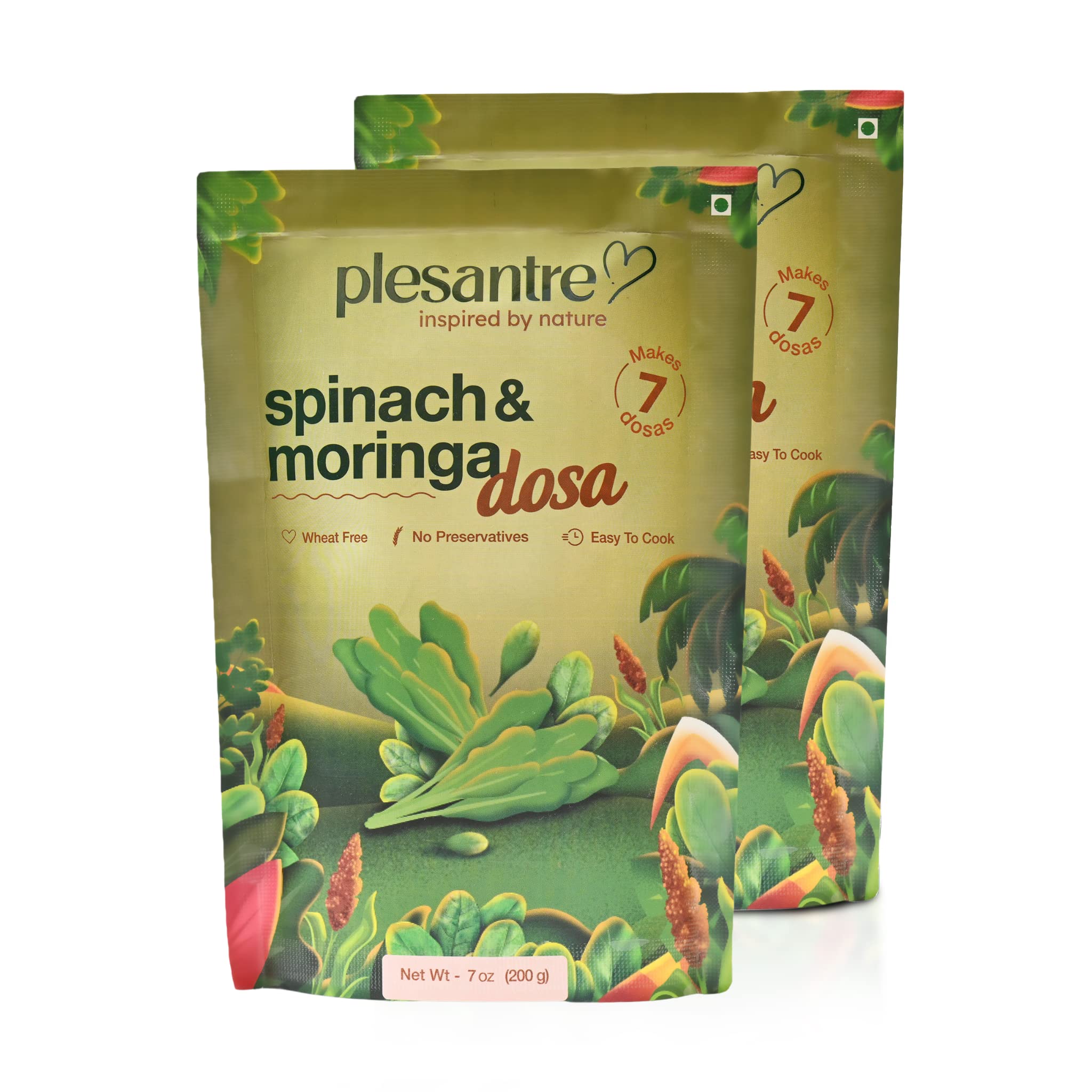 plesantre "Spinach & Moringa Dosa" GreensGalore Superfood Dosa Mix - Instant Healthy Breakfast Delight - Nutrient-Rich, Wheat-Free, Vegan Delicacy - No Preservatives - 200g x 2 Packs, Creates 14 Delicious Dosas