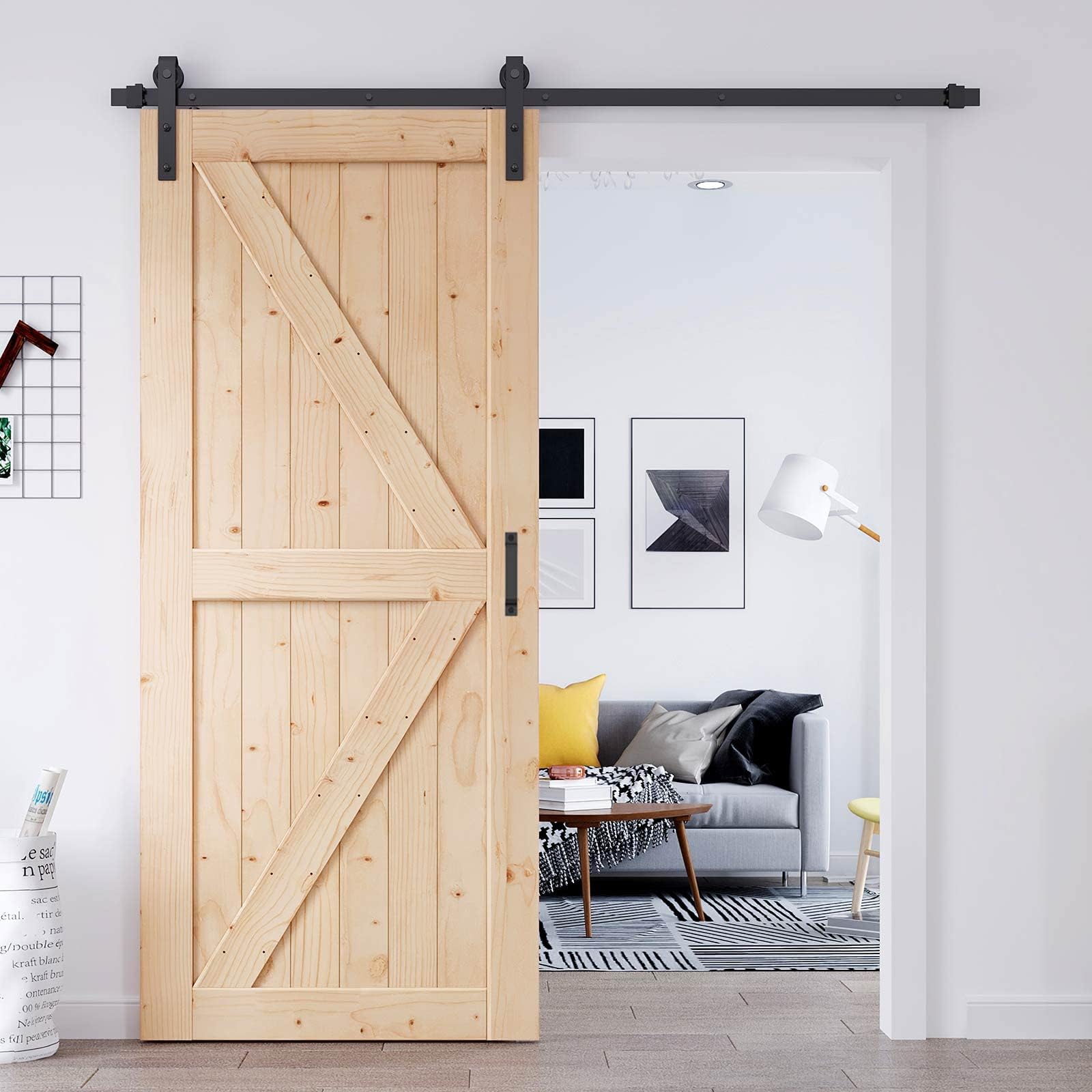EaseLife 36in x 84in Sliding Barn Door with 6.6FT Barn Door Hardware Kit & Handle Included,Solid Spruce Wood Door,Assemblely Required,Stainable, K-Frame