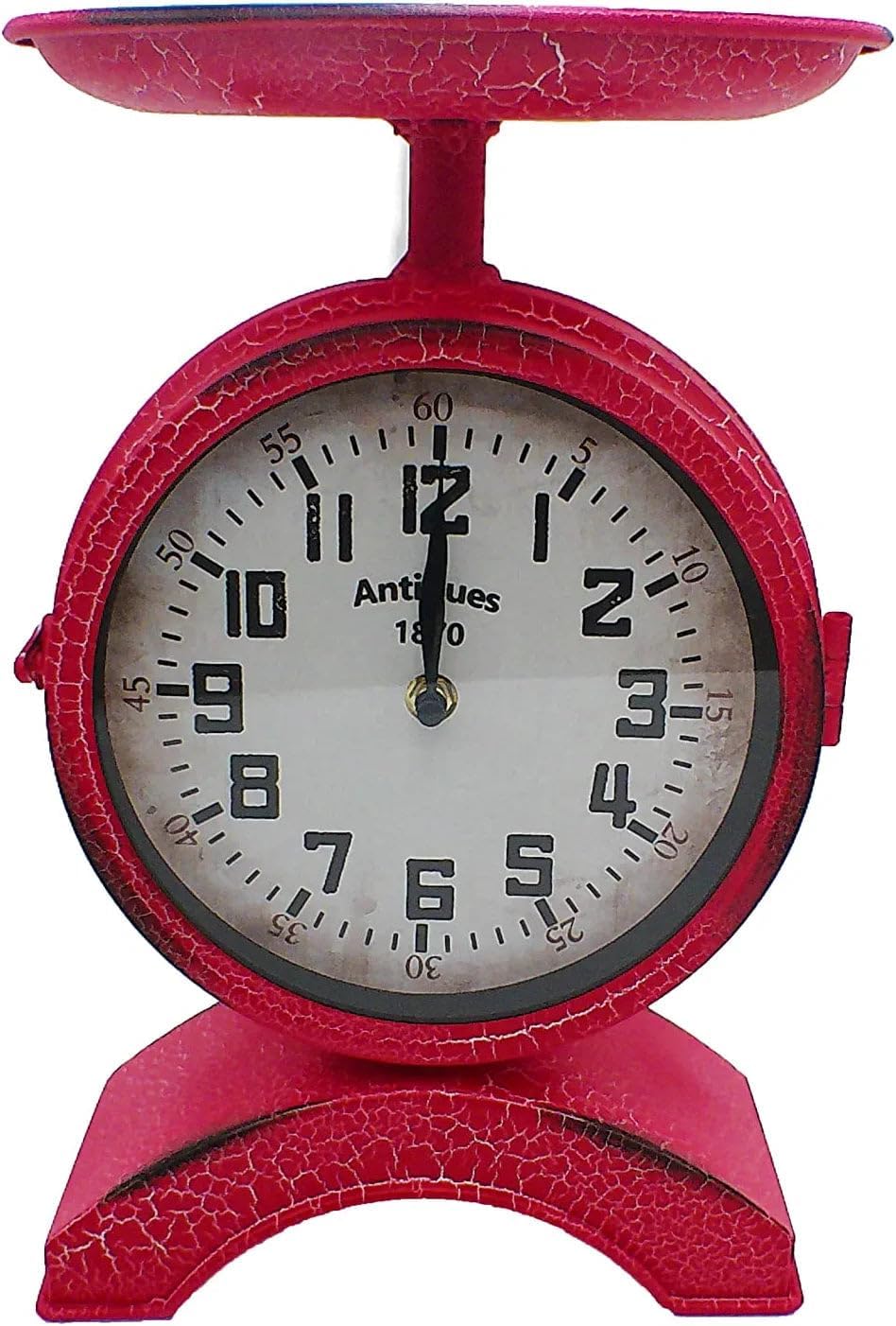 First of a Kind Red Metal Vintage Round Clock - 8.5 x 13.5 inches, Silent, Battery Operated, Kitchen Decor, Tabletop