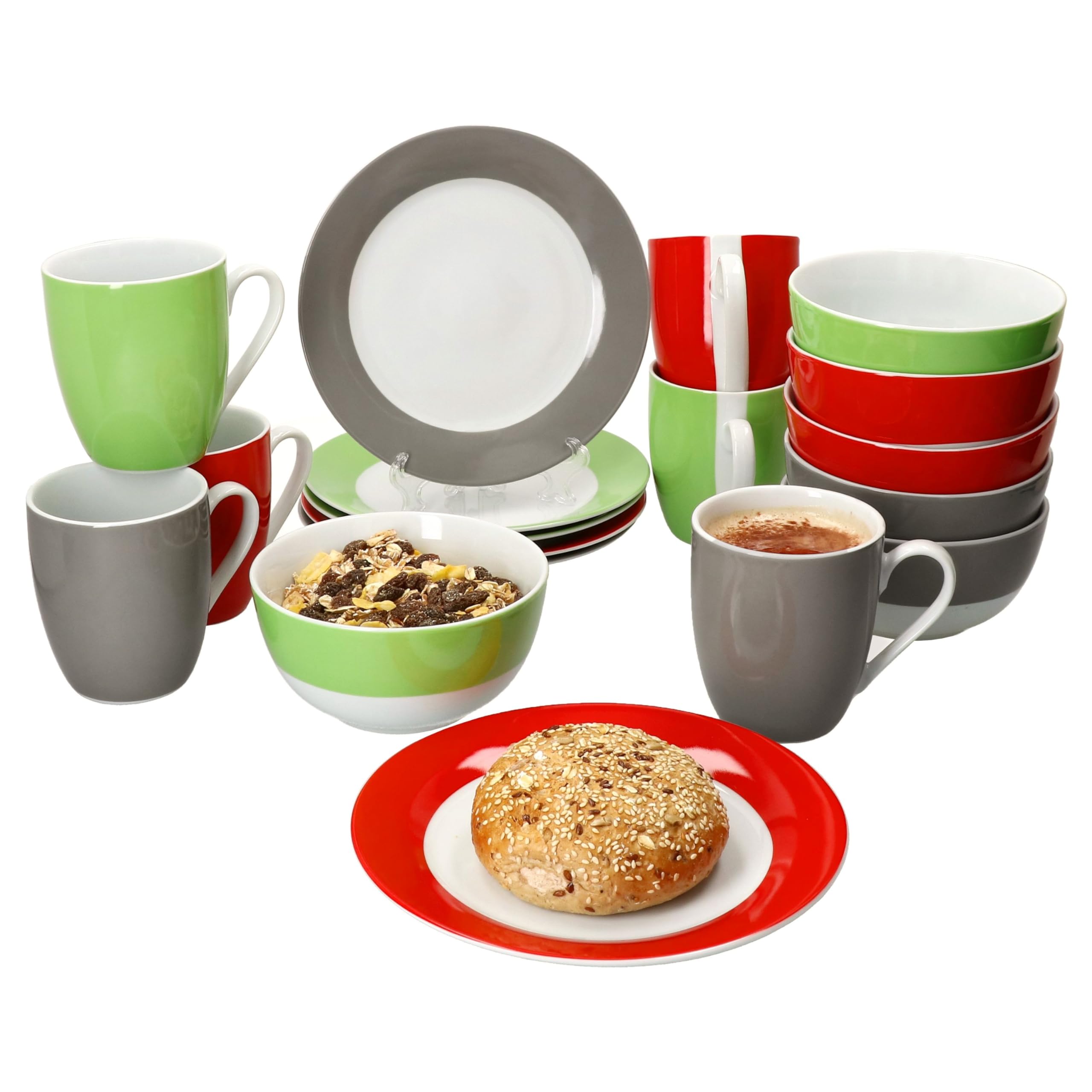 MamboCat Variant Trio Service de petit-déjeuner 18 pièces I 6 petites assiettes, 6 bols de 450 ml et 1 tasse à café 350 ml, hauteur 10,3 cm pour 6 personnes I Vaisselle en porcelaine pour le petit