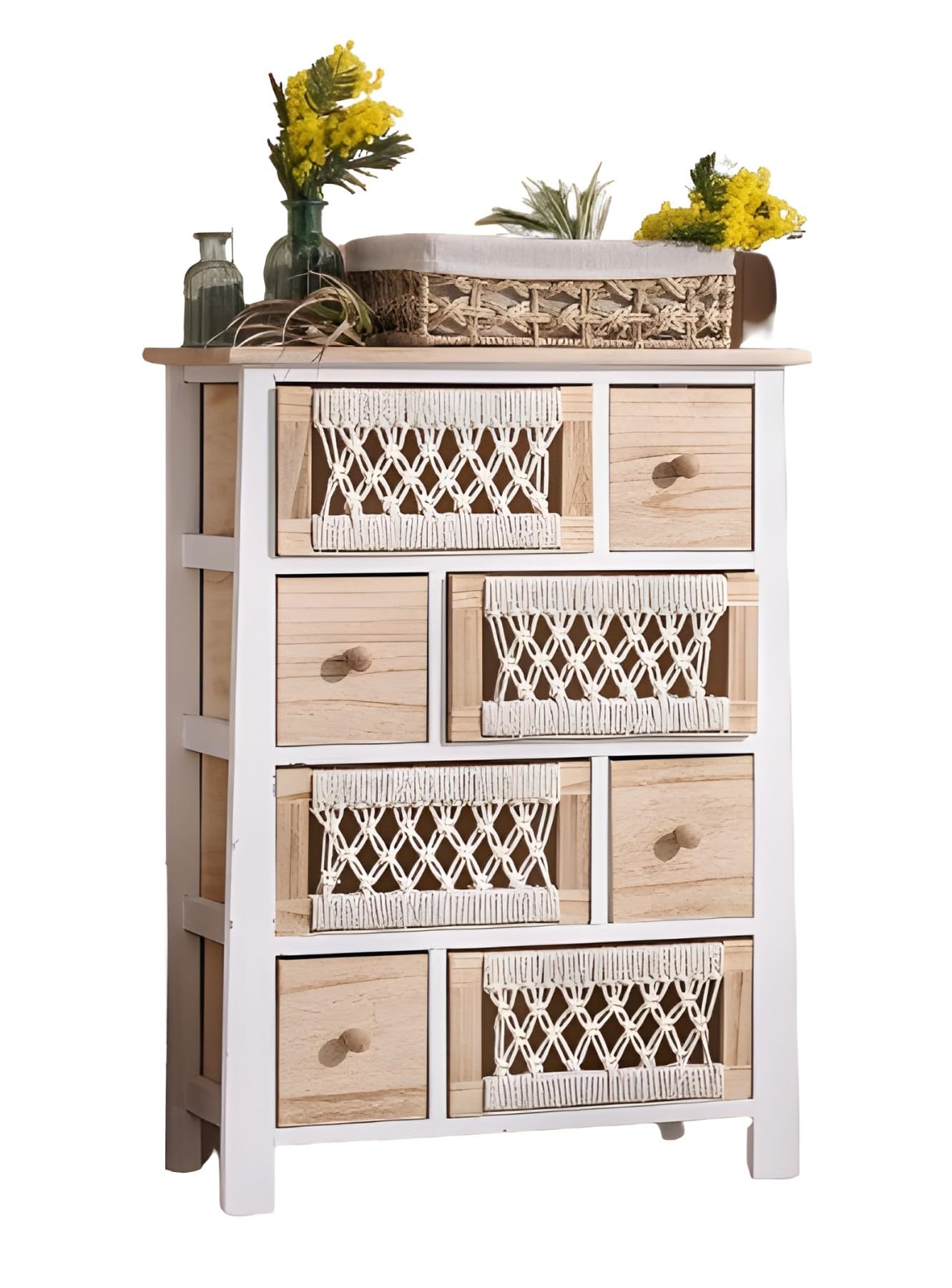 Dekoleidenschaft Kommode Makramee aus Holz & Textil, 56 x 77 cm, 8 Schubladen, Schubladenkommode Boho Chic, Holzkommode, Schubladenschrank, Flurkommode, Nachtkommode, Nacht-Schränkchen, Flurschrank