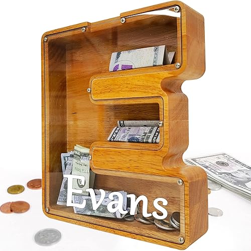 Alcancía de madera personalizada, (nombre grabado láser) Banco de madera grande, tanque de almacenamiento del alfabeto creativo 4 en 1, banco de