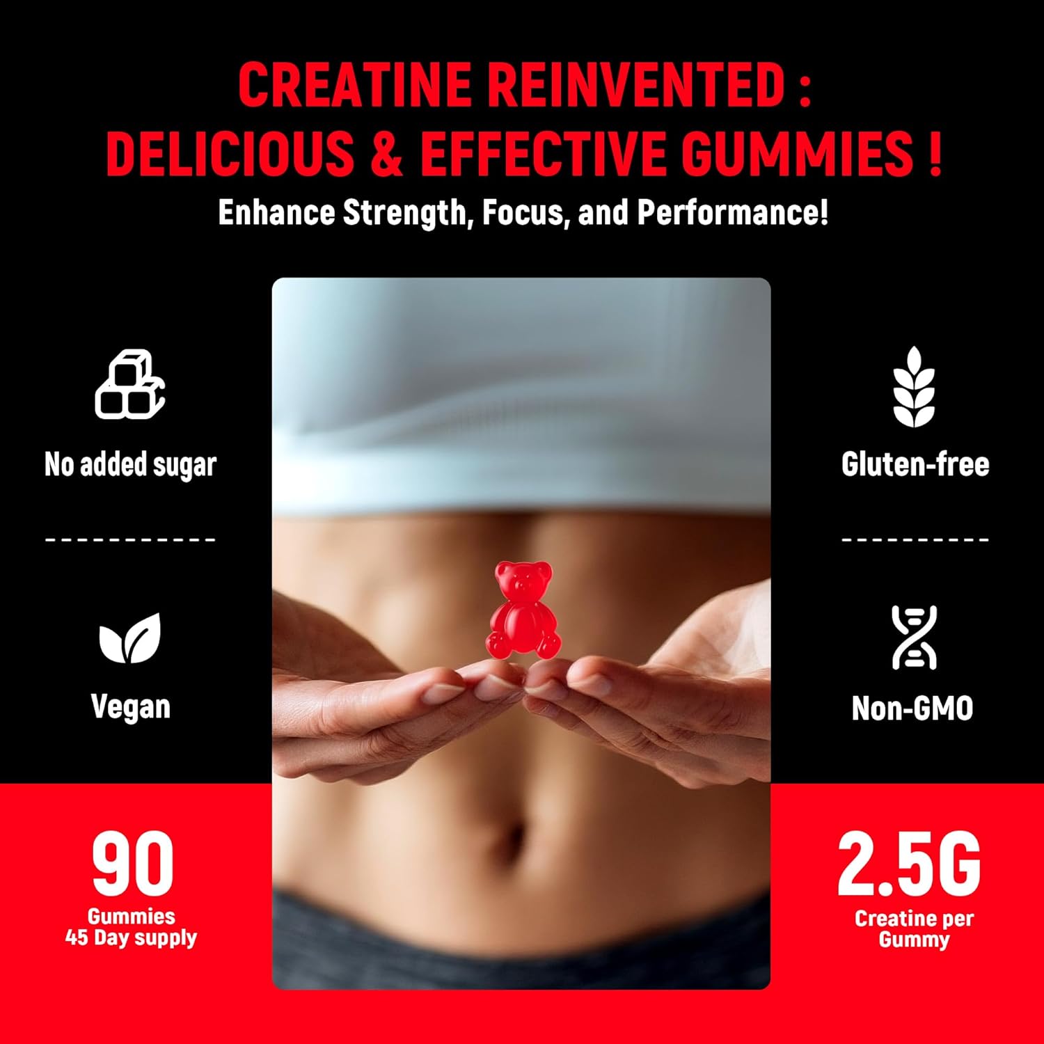 Creatine Monohydrate Gummies 5g for Men & Women - Boost Focus,Strength, and Endurance, Anti-Melting Formula, Vegan, Gluten-Free, Non-GMO, 2.5 Gram Creatine per Gummy (Strawberry 90 ct) - Image 8