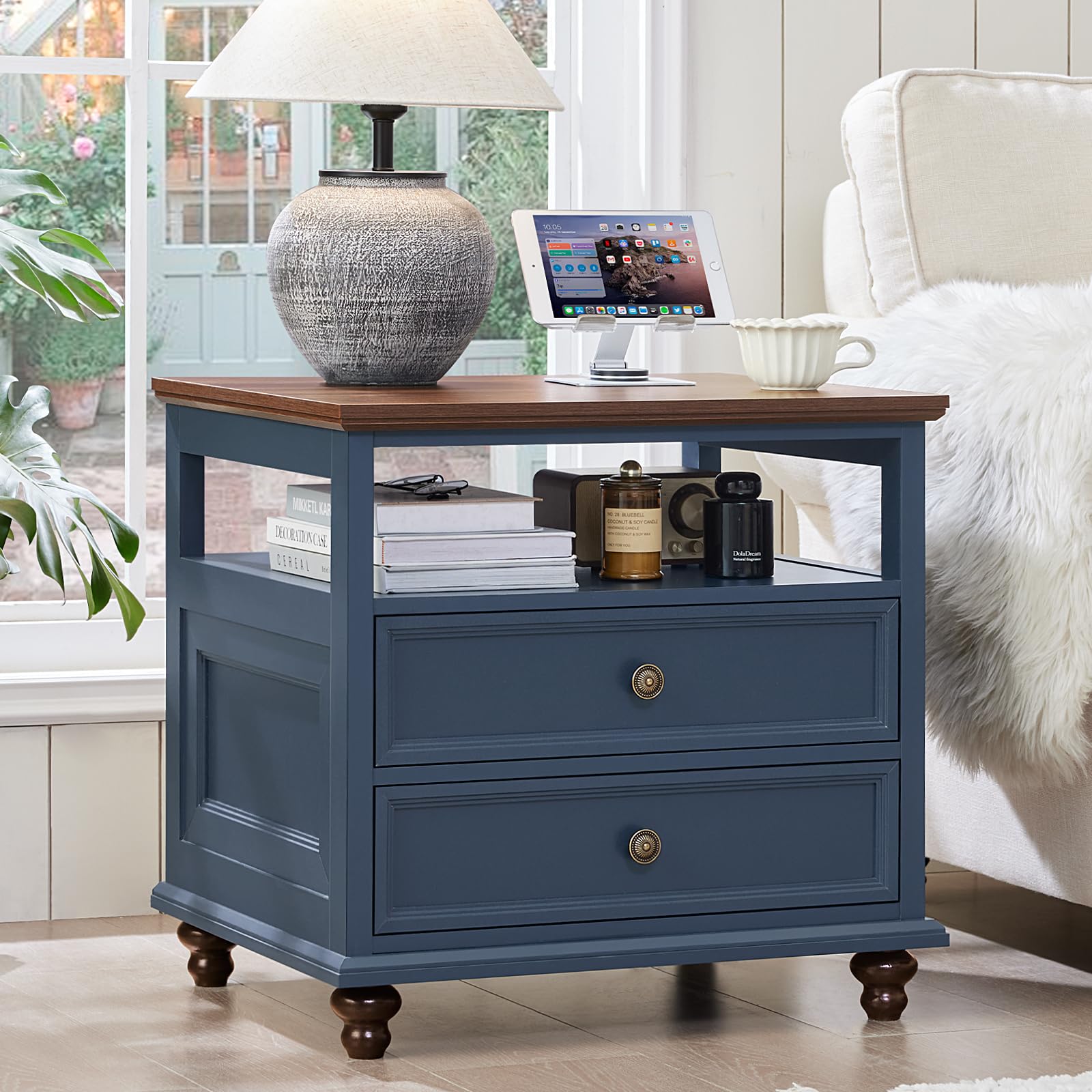 Joaxswe 24" Wide Farmhouse Night Stand,Large End Table with 2 Drawers &amp; Metal Handle,Wood Dresser for Bedroom, Blue Bed Side Table Chest of Drawers Cabinet,Nightstand for Living Room,Closet