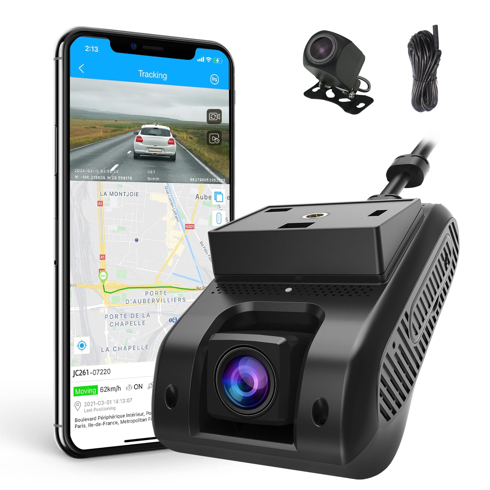 4G Live Video Dash Cam JC261, ADAS Front and 10-Meter Waterproof CE01 Rear Camera, Driving Recorder with 24H Monitor Remotely with Tracksolid Pro or LNCOON APP
