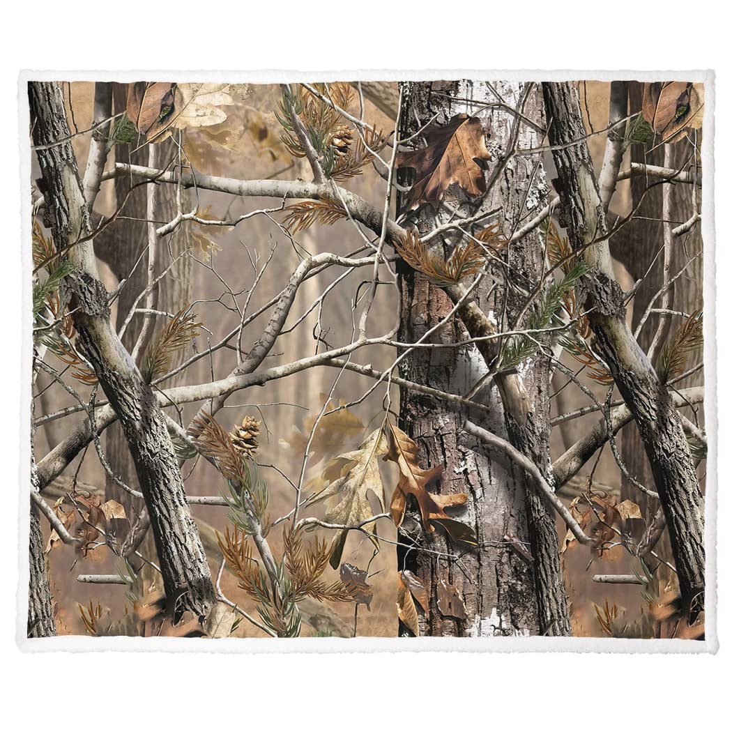 JUZGTSIT Sherpa Fleece Blanket Throw for Couch Bed Warm Soft Comfy Heavy Thick Blankets for Winter Tree Camo Hunting Camouflage Real Froest Woodland Throws,60 x 80 inches