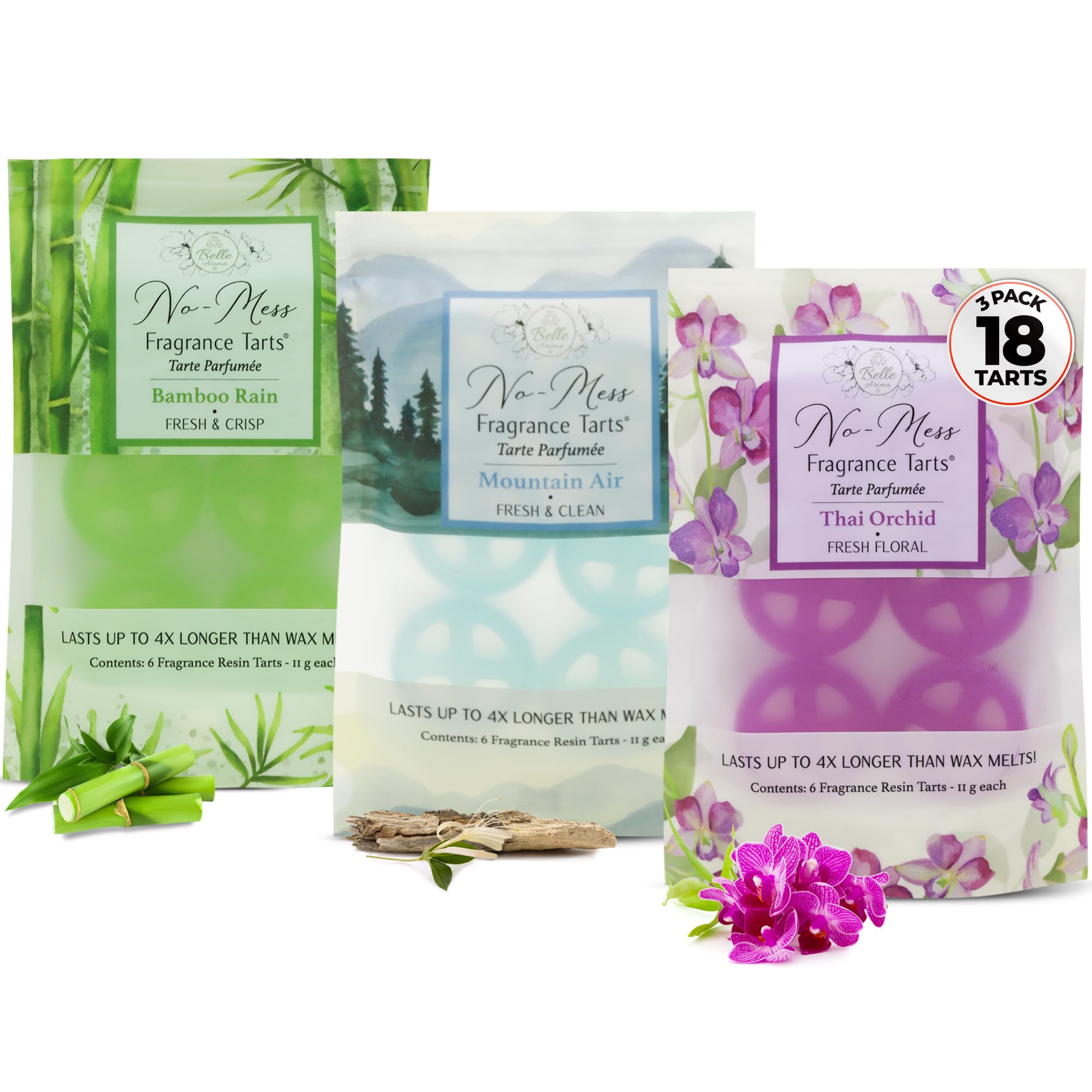 Belle Aroma No-Mess Fragrance Tarts for Wax Warmers – Solid Fragrance Alternative to Wax Melts (Designed Not to Melt), Heat-Activated Home Scent, 18 Mini 3 Pack Thai Orchid Bamboo Rain Mountain Air