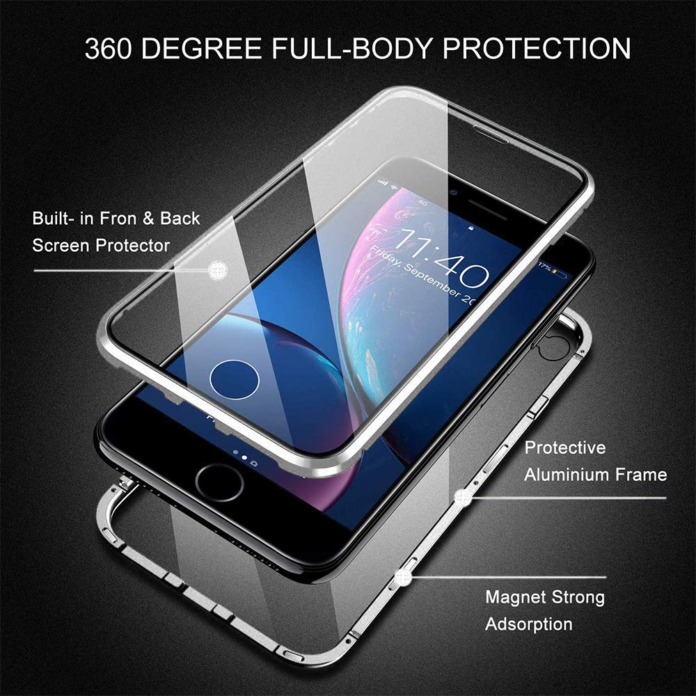 HaptiCase Cover per iPhone SE 2020 Magnetica Adsorbimento Tech Custodia Anteriore e Posteriore Trasparente Vetro Temperato Case Metallo Alluminio 360 Gradi Full Body Protezione Case - Viola