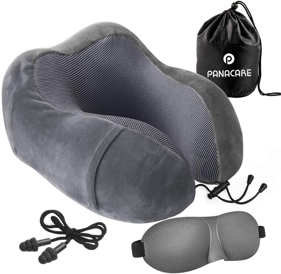 PANACARE Travel Pillow, Super Soft Airplane Neck Pillow, 100% Memory Foam, Comfortable & Breathable Cover, Machine Washable, Head Support for Airplane, Best Travel Kit with Eye Mask, Earplugs (Gray)