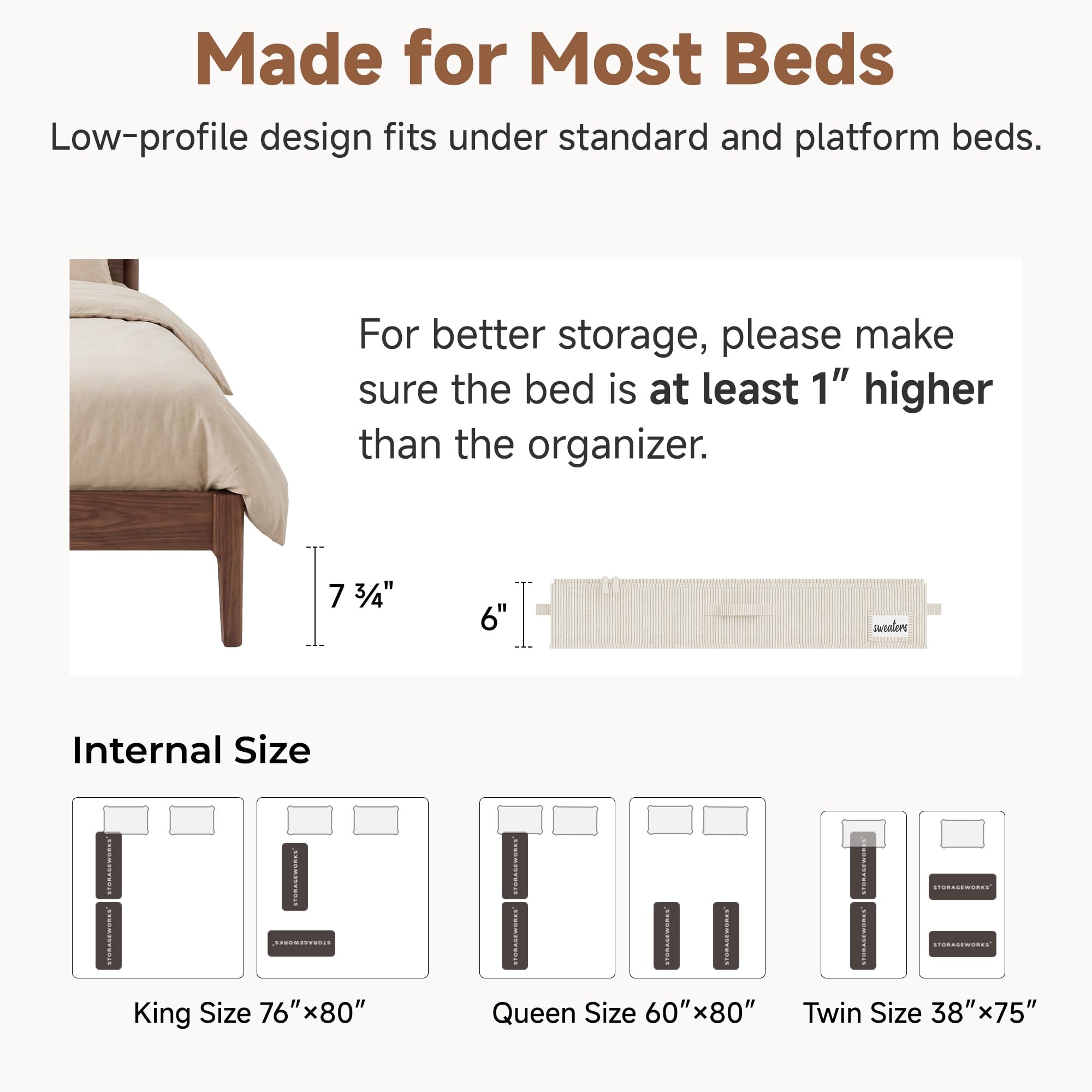 StorageWorks Grande contenitore sotto il letto, con coperchio, per vestiti, a righe bianche e nere, 84 × 43 × 15 cm