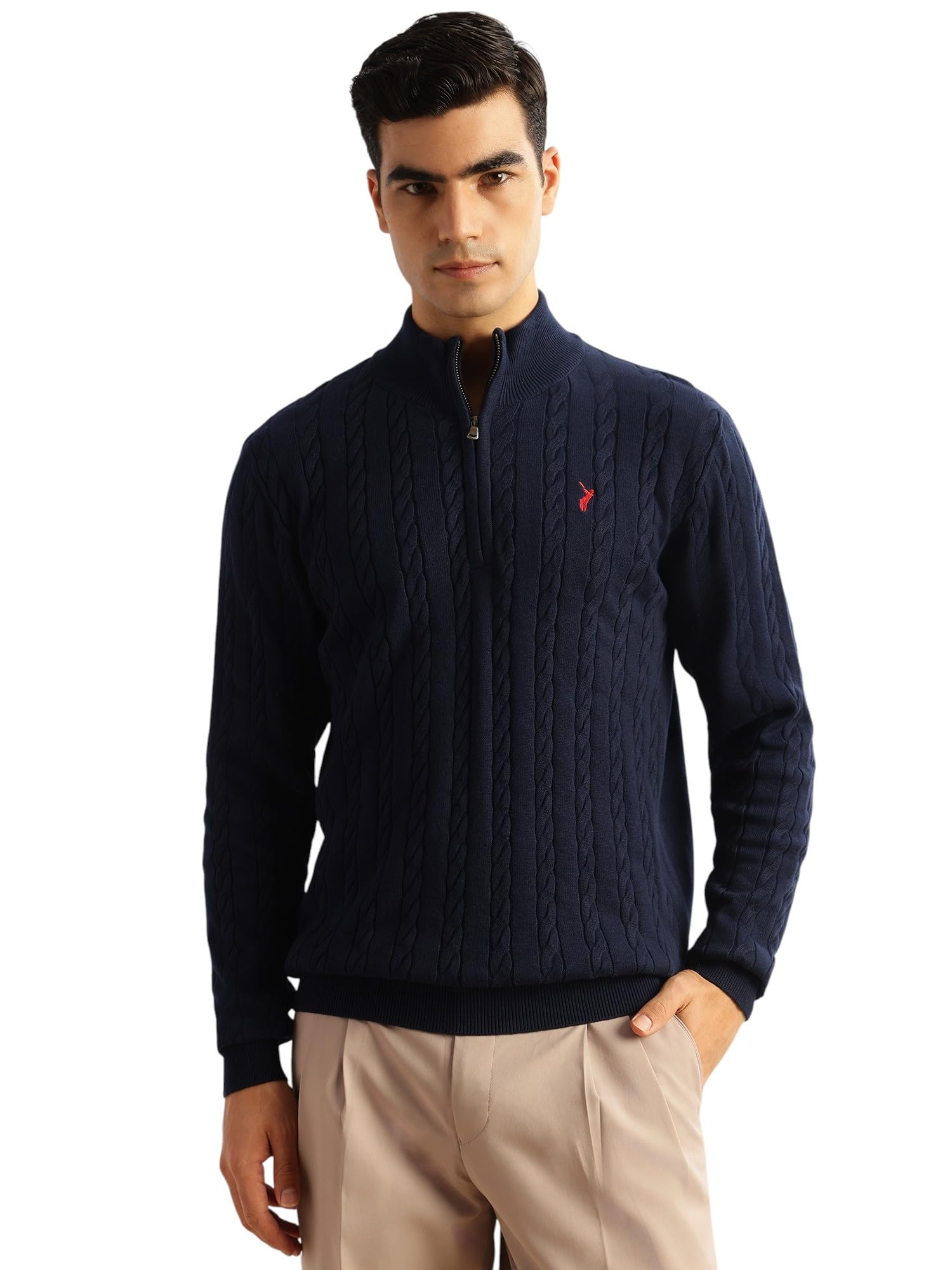 Men's | Regular Fit | Long Sleeves | Mock Collar | 100% Cotton | Dry Clean | Cable Knit | Knitted | Pullover Sweater-image-9