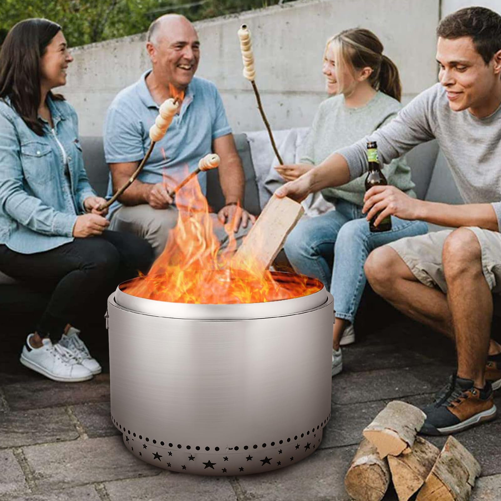 Brasero Exterior sin Humo con Interruptor de Aire, 68.5 cm (27 Pulgadas), de Acero Inoxidable, con Soporte Desmontable y cenicero. Ideal para fogatas, picnics y Otras Actividades al Aire Libre como a