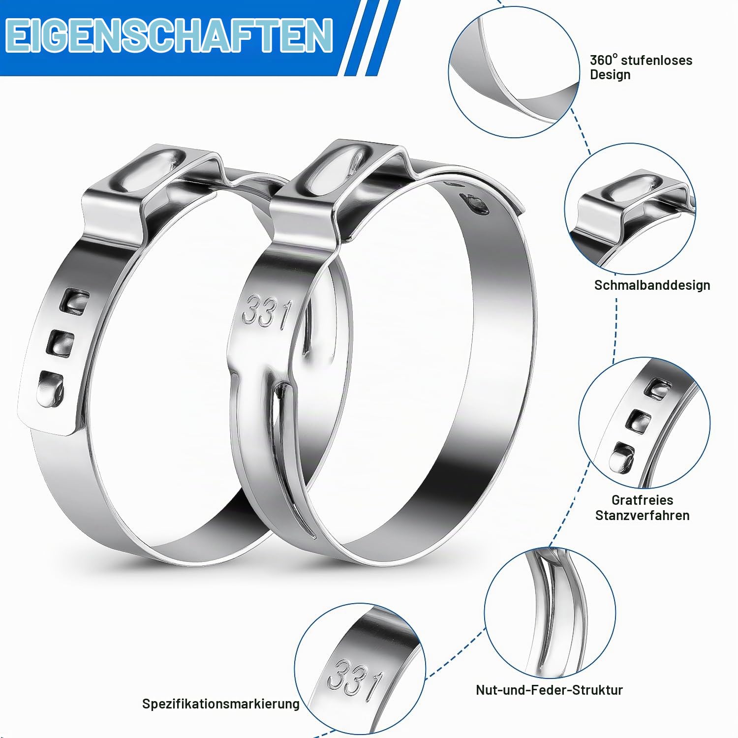 170 Stück Einzelohrschlauchklemmen, 11 Größen(5.8-33.1mm) Stufenlos Schlauchschellen Edelstahl 304 mit Ohrklemmenzange, Kraftstoffleitung Clip Rohrschellen Set für kfz, Haus, Garten