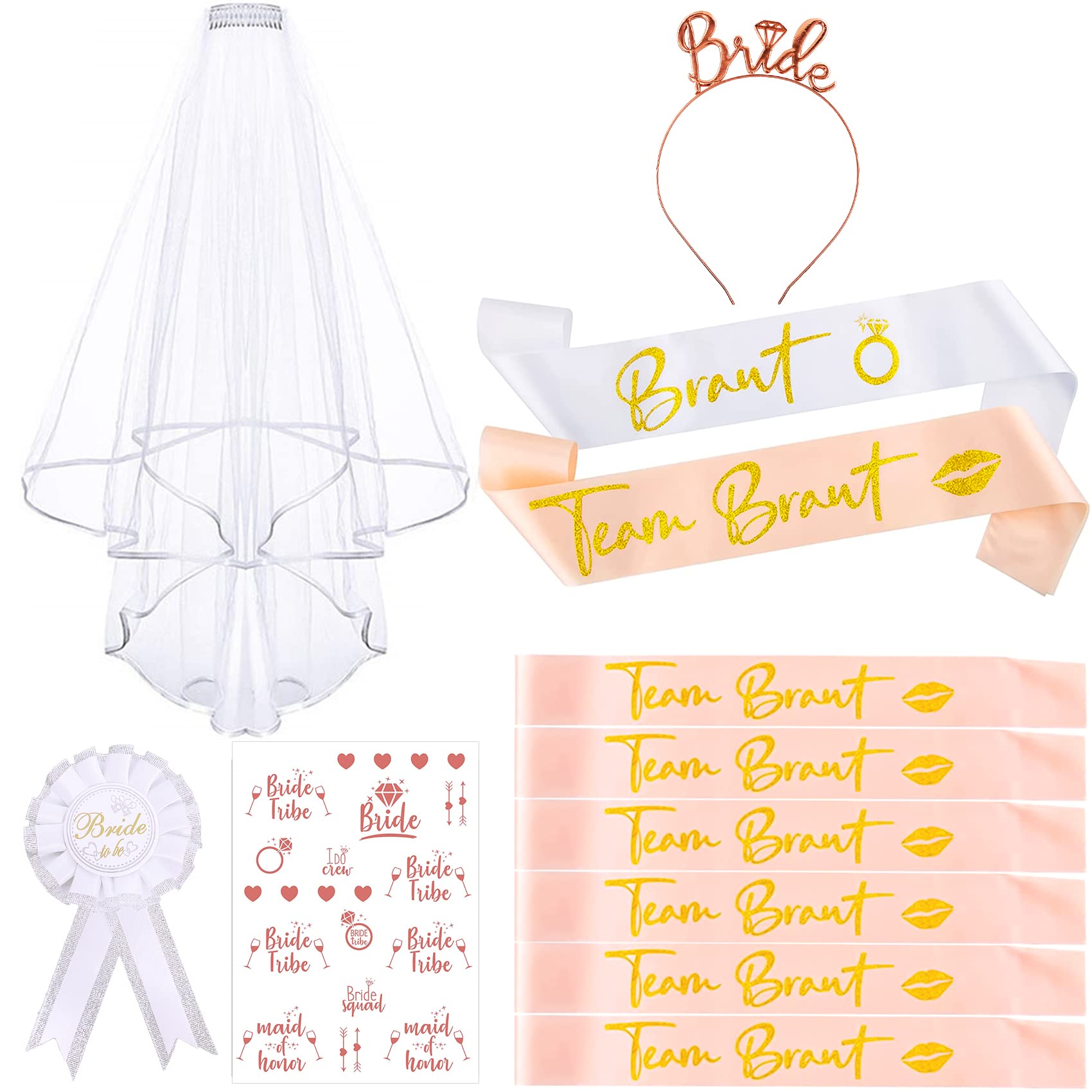 JGA Decorative Sash Set, 12 Pieces, Bride to Be and Team Bride Sash Set, Crown Headband Veil with Comb, Hen Party Accessories Women for Hen Party, Hen Party Decoration Women Sashes Set, Badges,