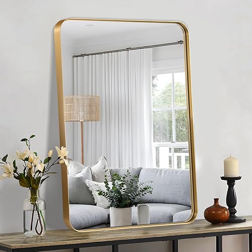Miniatura 2 de Espejo de baño dorado de 22 x 30 pulgadas, espejo rectangular con marco de metal cepillado con esquina redondeada, espejo de tocador de baño dorado
