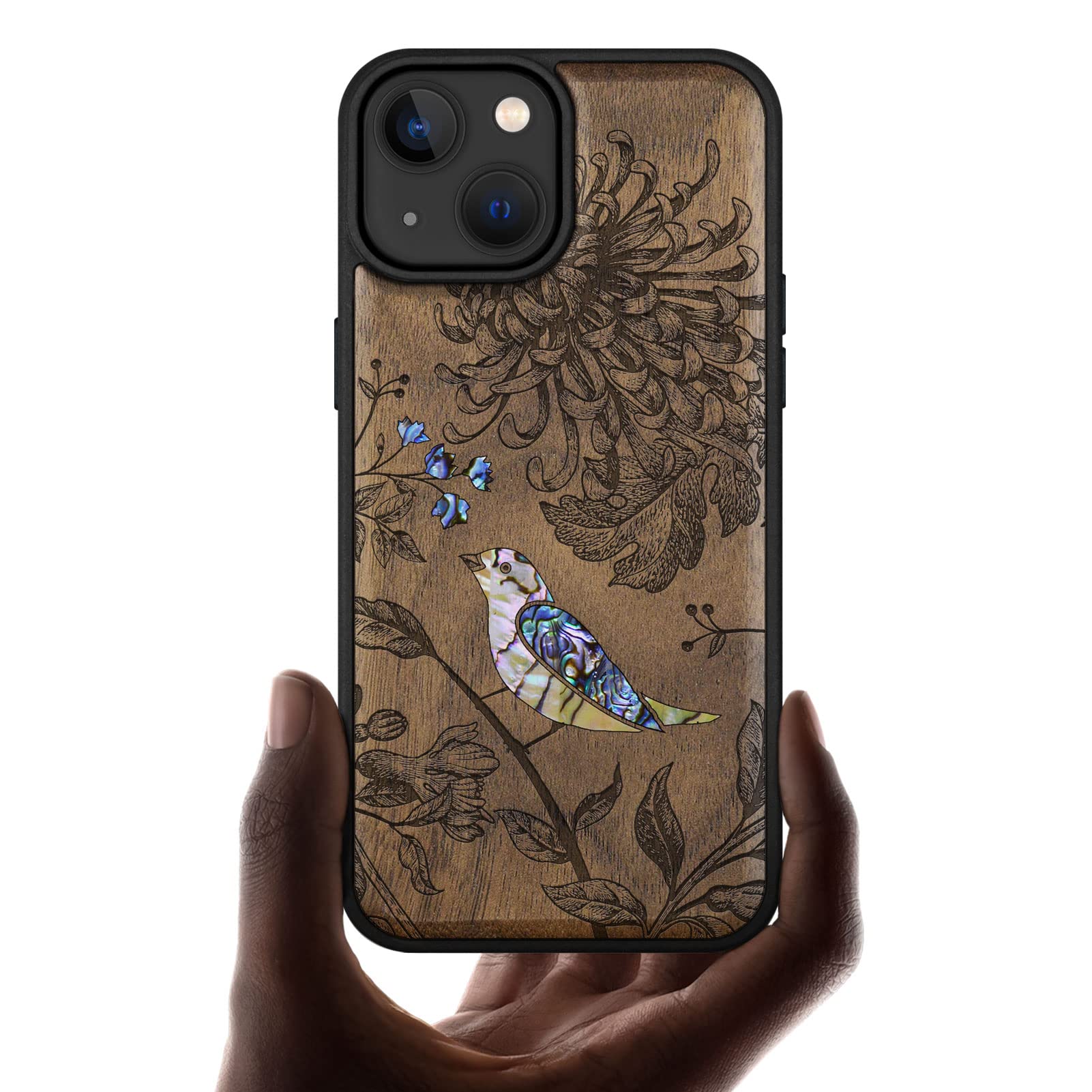 Carveit Designer Wooden Protective Magnetic Case for iPhone 14 Case [Wood Engraving & Shell Inlay] Compatible with iPhone 14 MagSafe (Flowers and