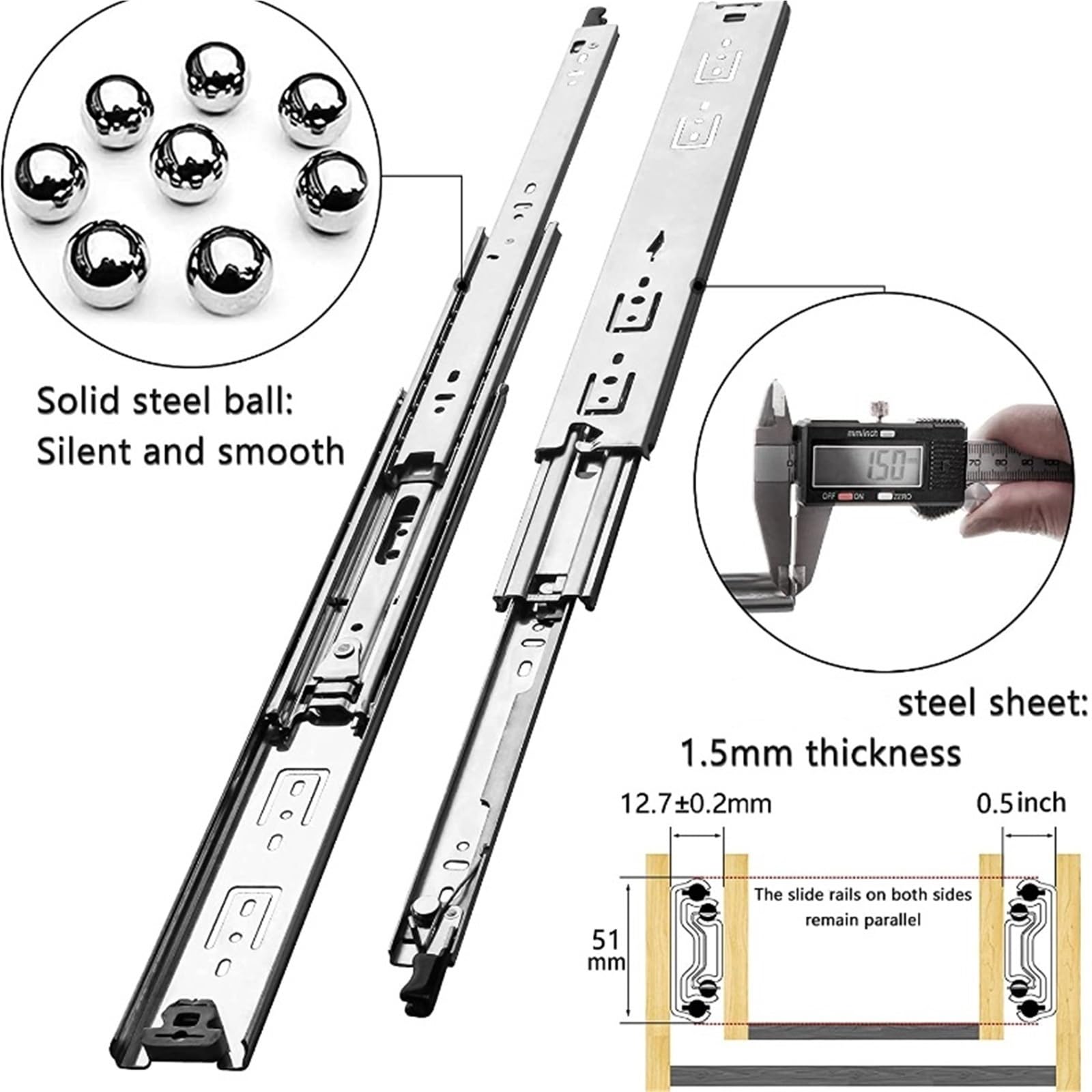 guide per cassetti Scorrevole for cassetti for carichi pesanti, senza serratura, ad alta capacità di carico, ferramenta for mobili, guide for armadi(12inch (30cm))