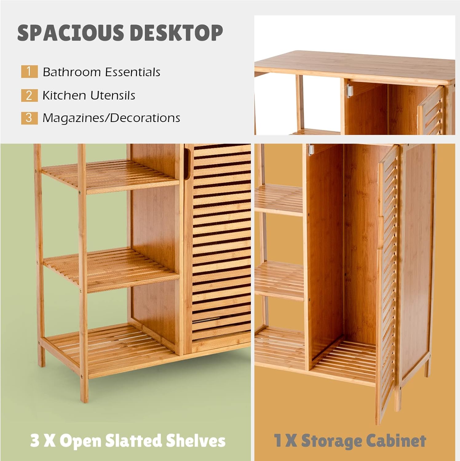 Giantex Bathroom Storage Cabinet Bamboo Floor Cabinet Free Standing Organizer, with 3-Tier Open Shelf & Multipurpose Closed Compartments for Kitchen, Living Room