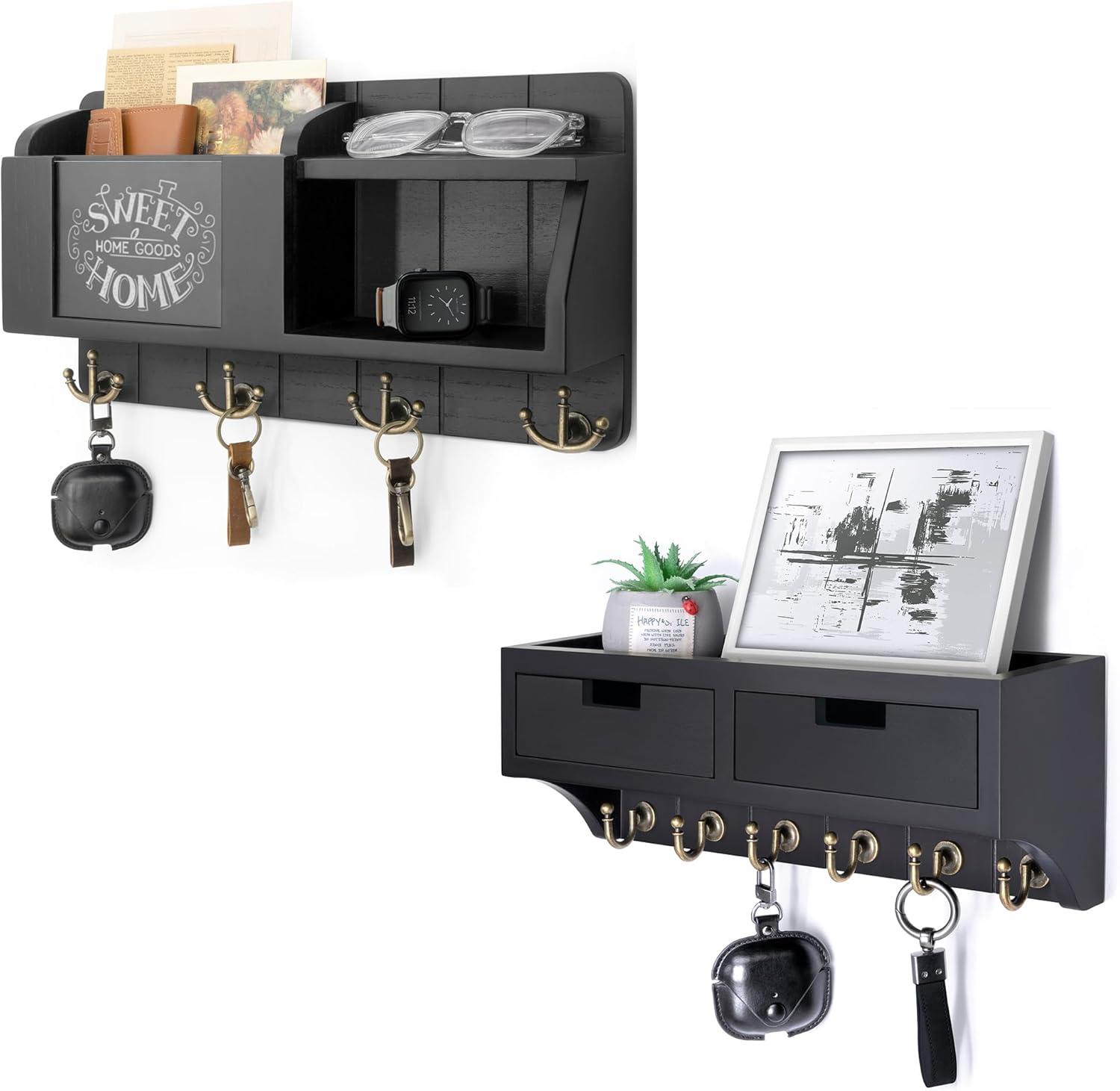 Decorative Key Holder Wall Mount Combo - Key Holder for Wall with 2-Drawer Organizer and Mail Organizer with Chalkboard - Modern Room Decor Aesthetic for Apartment Essentials (Black)