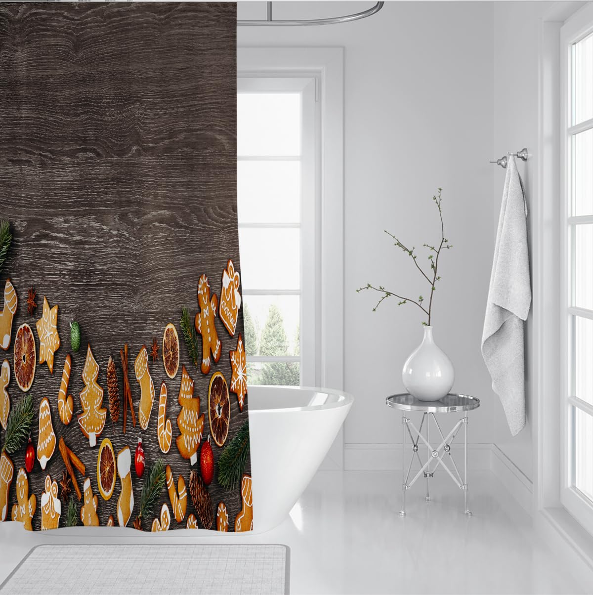 Świąteczne zasłony łazienkowe choinki cynamonowe laski suche pomarańczowe plastry kulki akcesoria łazienkowe zmywalne szybkoschnące 200 szer. x 200 cm poliester