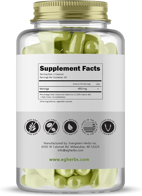 Evergreen Herbs Moringa Capsules 90 Capsule, 450mg - Tamper Proof Seal to Ensure Freshness