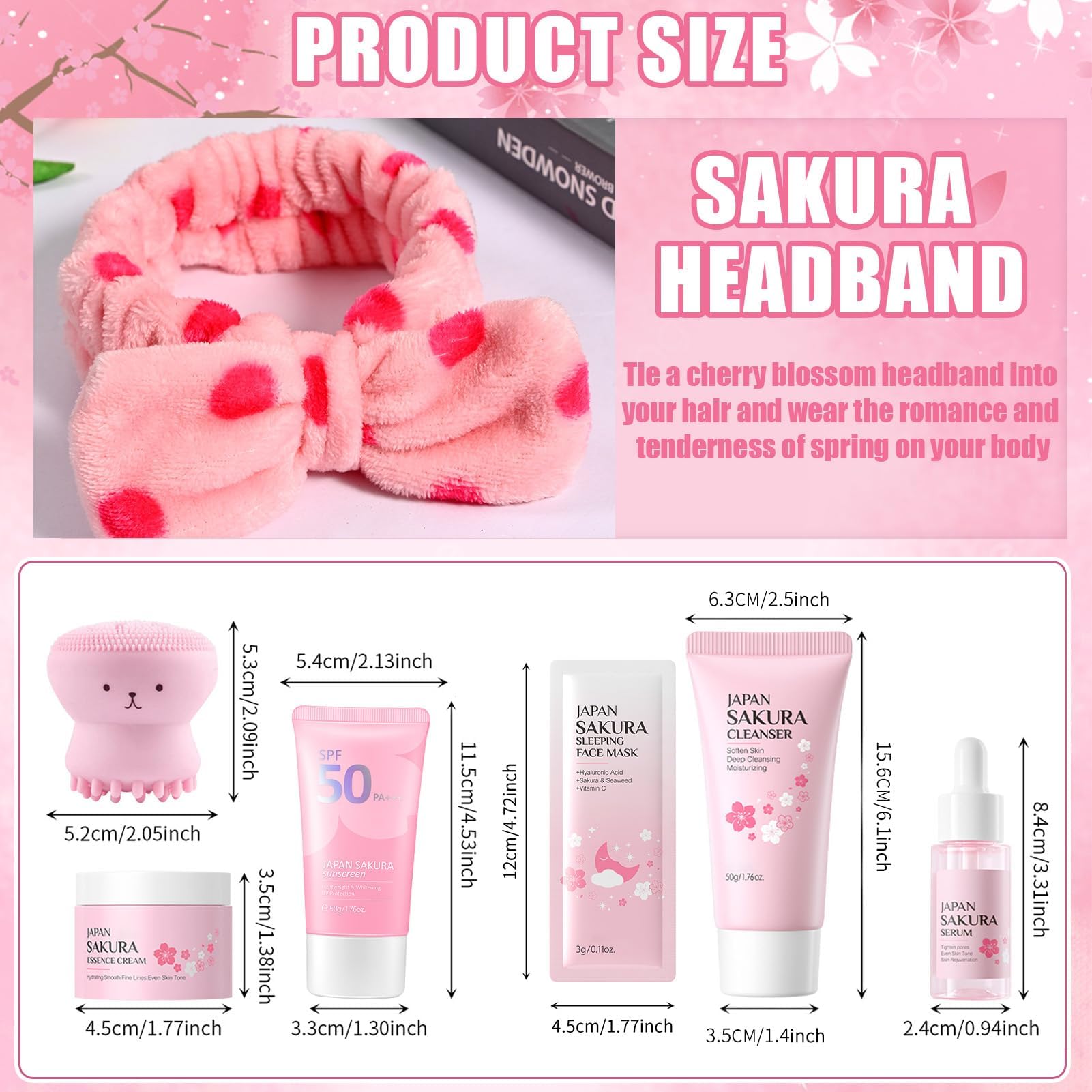 Kit per la Cura della Pelle Sakura 11 Pezzi,Include Fascia skincare, Spazzola per il viso,Pulizia,Crema solare 50,Essenza,Crema,Maschera per la notte (x5),Sakura Skincare Set per Ragazze Donne