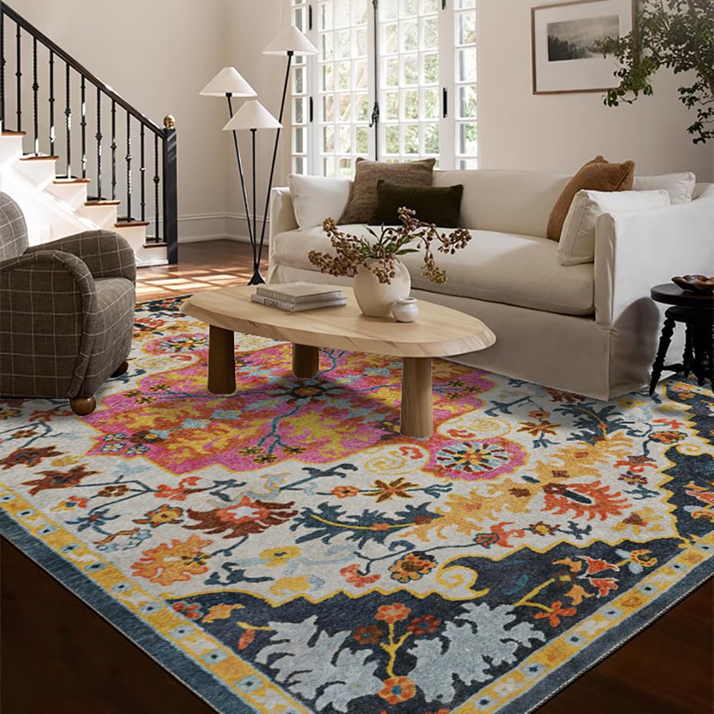 Grand tapis antidérapant floral rose 180x280 cm lavable à poils courts pour salle à manger