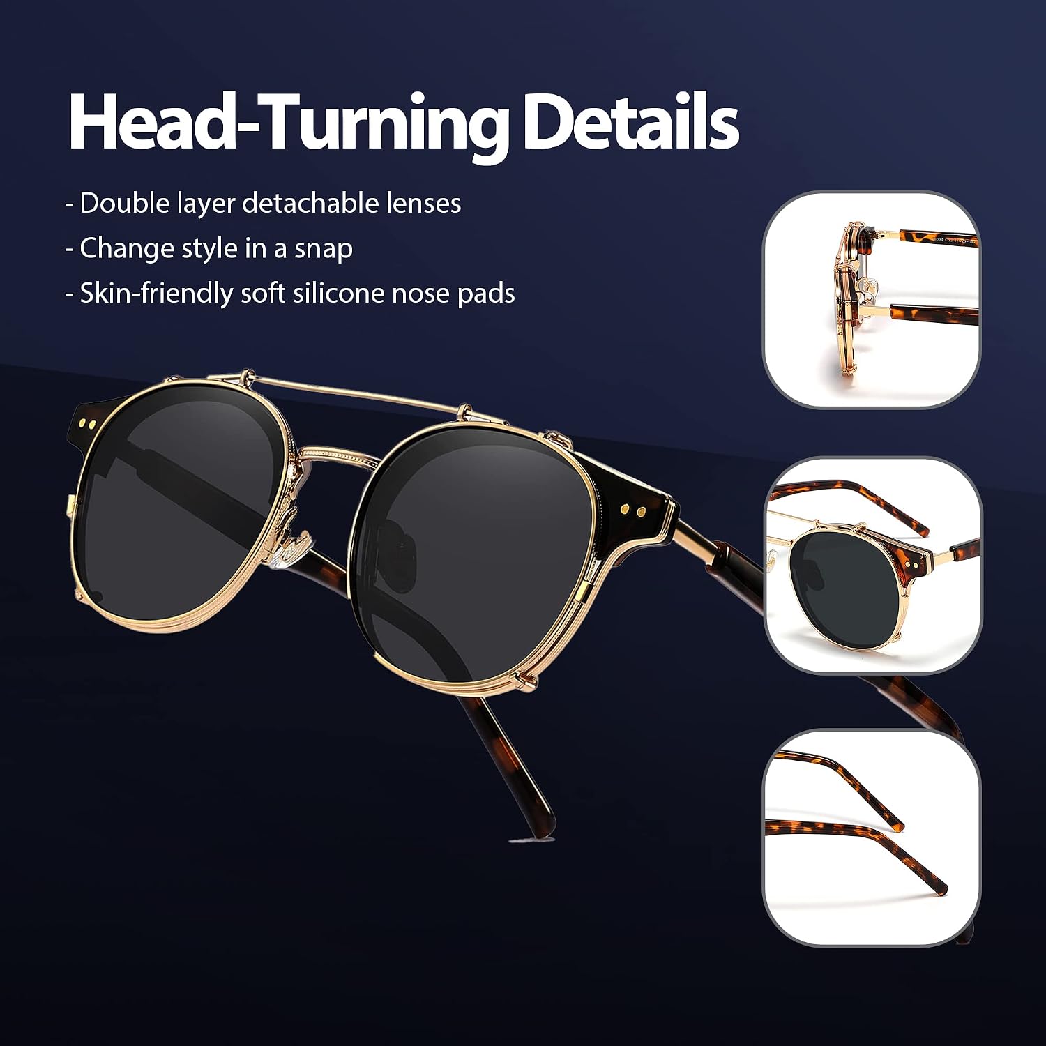 Technigadgets Pedro Steampunk Double Lens Clip On Men Sunglasses Retro Polarized Double Bridge Metal Frame UV 400 Protection image 3