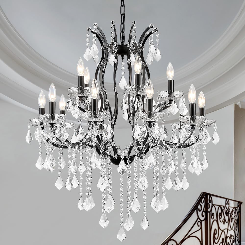 Modern Crystal Chandeliers, Maria Theresa Black Chandelier Light Fixture for Dining Room, Hallway, Living Room, Bedroom, 15 Lights 15-Lights/Black