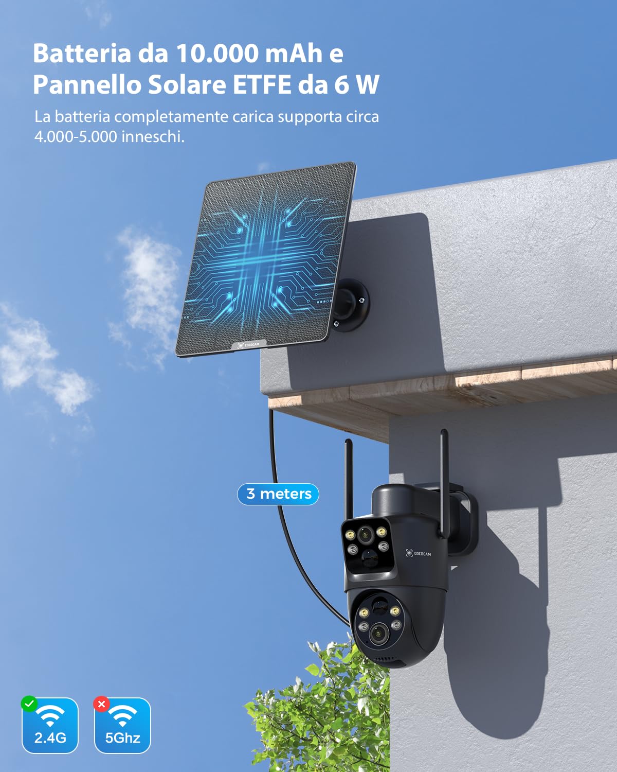 COCOCAM 2K Doppio Obiettivo Telecamera Wi-Fi Esterno Senza Fili | 6W Pannello Solare, Batteria 10000mAh, Doppio PIR e Rilevamento Umano AI, Visione Notturna Colori, 355°P 90°T, WiFi 2.4G