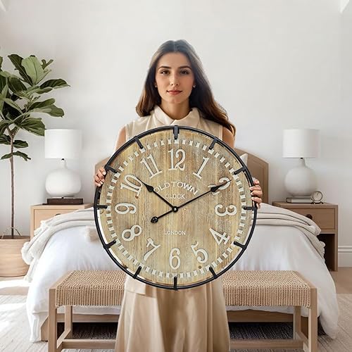 Miniatura 2 de Reloj de pared grande de 24 pulgadas, madera antigua rústica, reloj silencioso a pilas para oficina, cocina, dormitorio, sala de estar