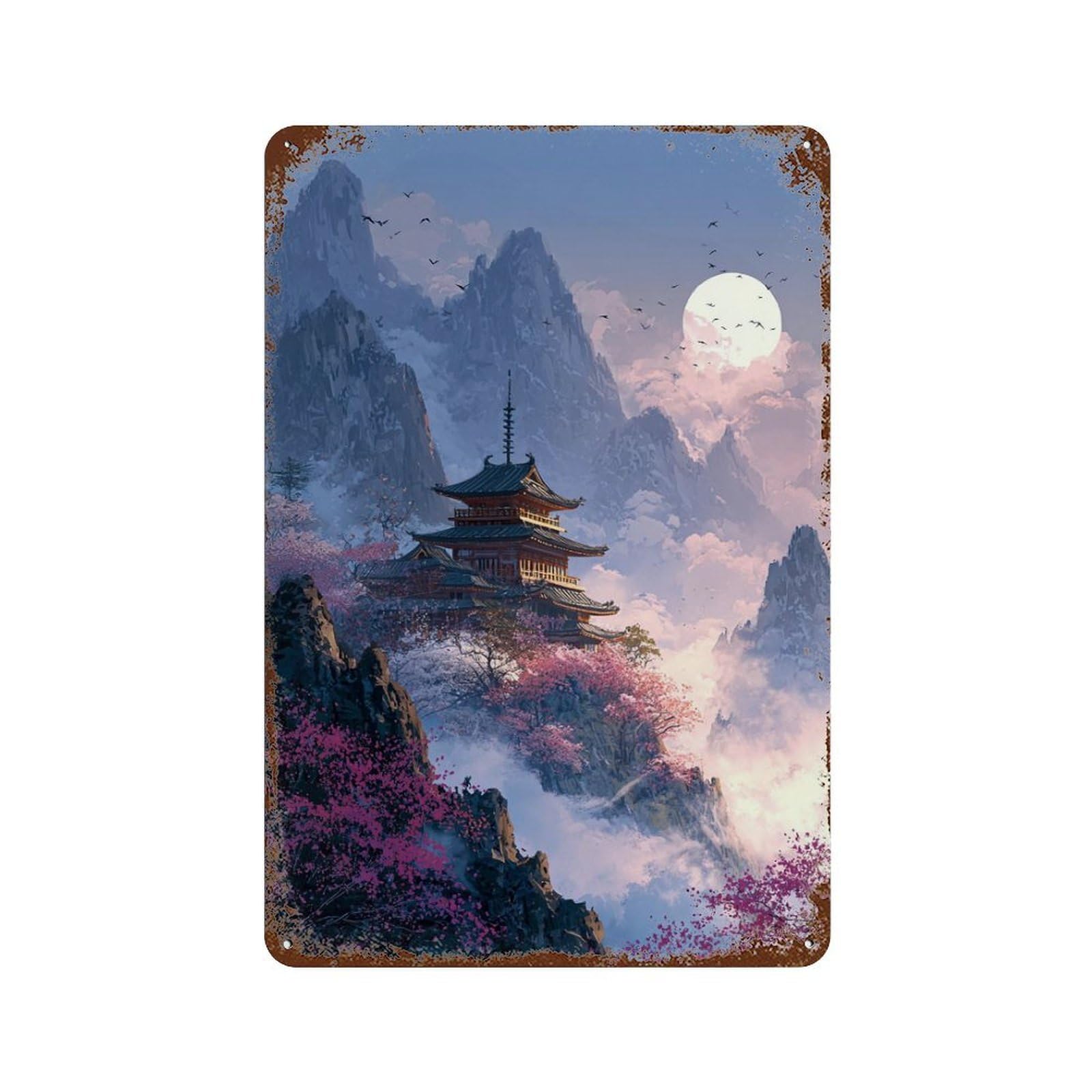Cherry Blossom Pagoda Moonlit Landscape -1 Decorative Tin Sign 11.8"x7.9", Retro Wall Decor for Garage, Pub Or Kitchen