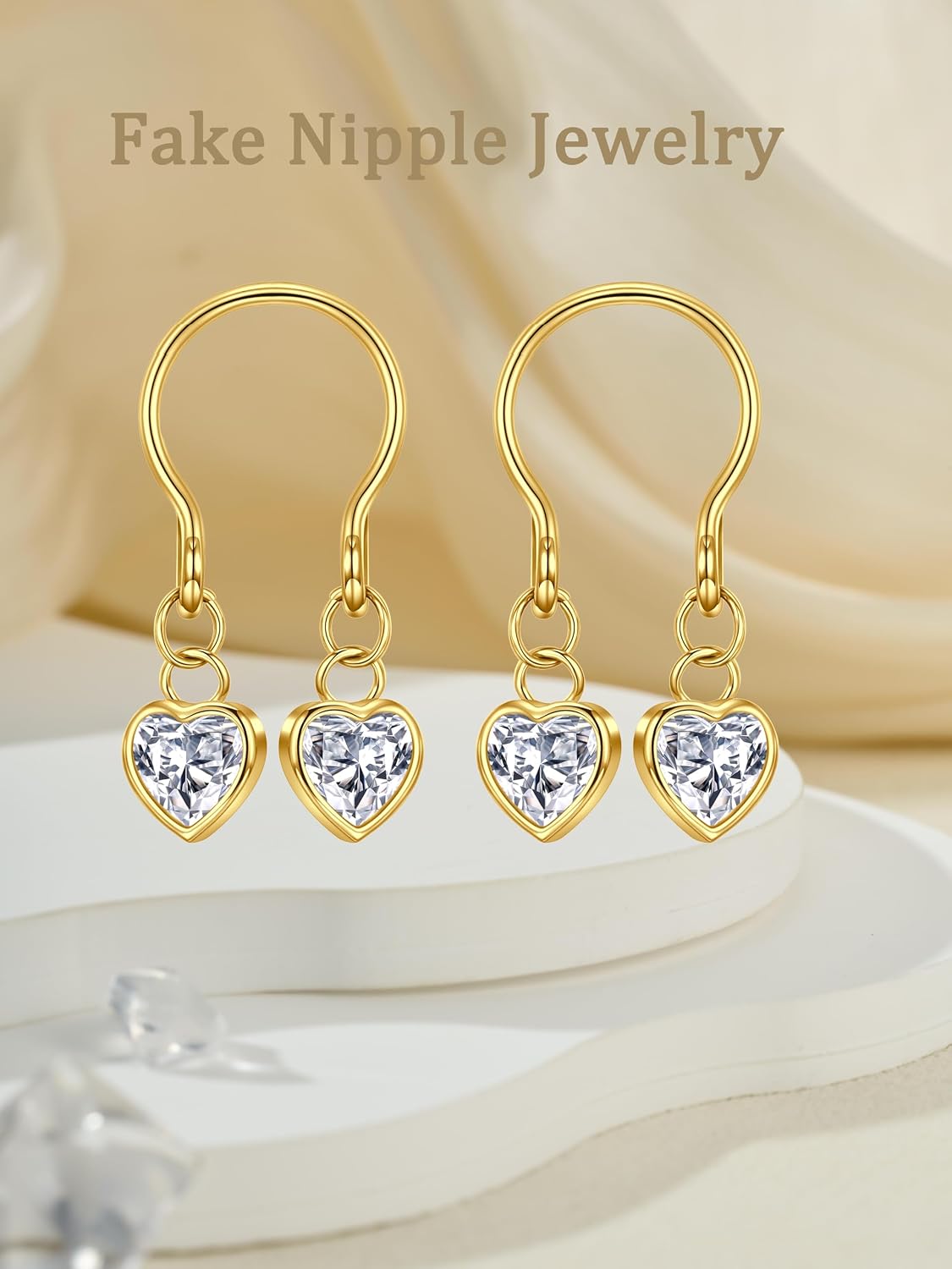 QWALIT Gold Fake Nipple Rings Adjustable non Piercing Nipple Jewelry Heart Shaped Rhinestone Dainty Cute Trendy Fake Piercing Body Jewelry for Women Men Comfortable Valentine's Day