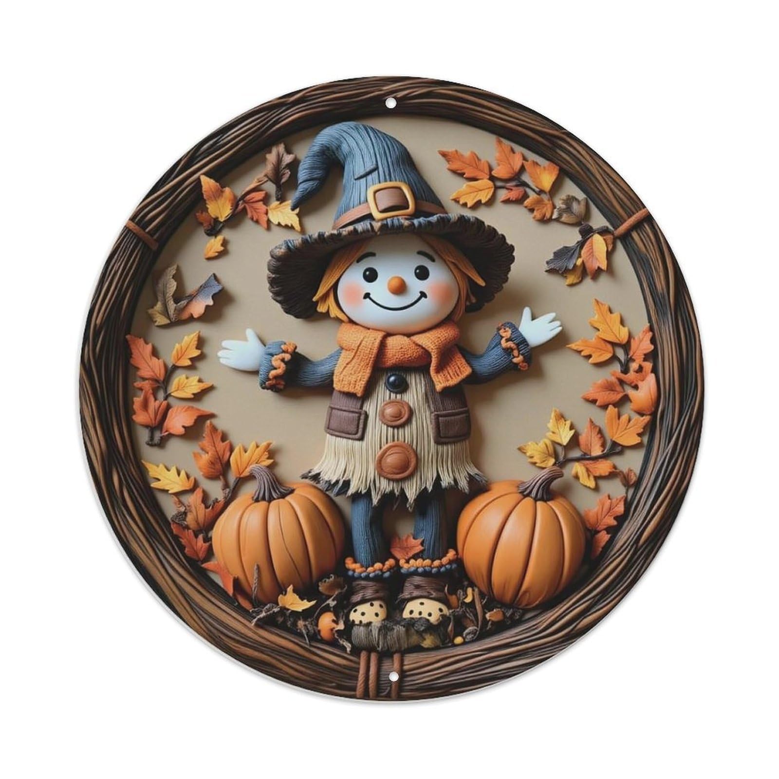 Scarecrow Autumn Leaves Pumpkins Wreath Metal Tin Sign