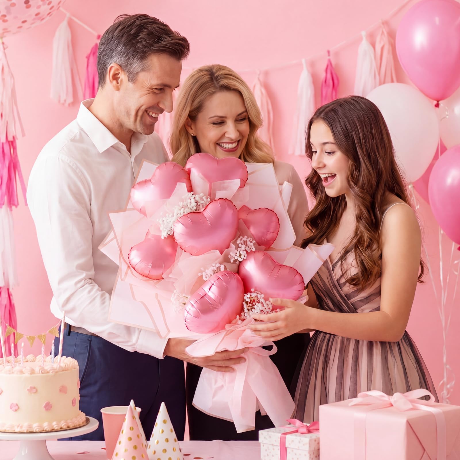 Qeeenar Kit fai da te per bouquet di palloncini a forma di cuore, 8 palloncini a forma di cuore in lamina con fiori di respiro del bambino, carta da regalo e nastro, kit per la creazione di bouquet di