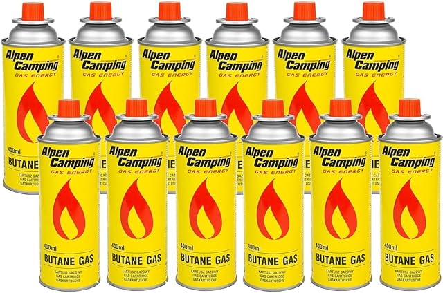 Alpen Camping Butan 12 x 400 ml kartusze gazowe do kuchenki gazowej, kuchenki kempingowej, palnika Bunsena, palnika lutowniczego, 400 ml (12)