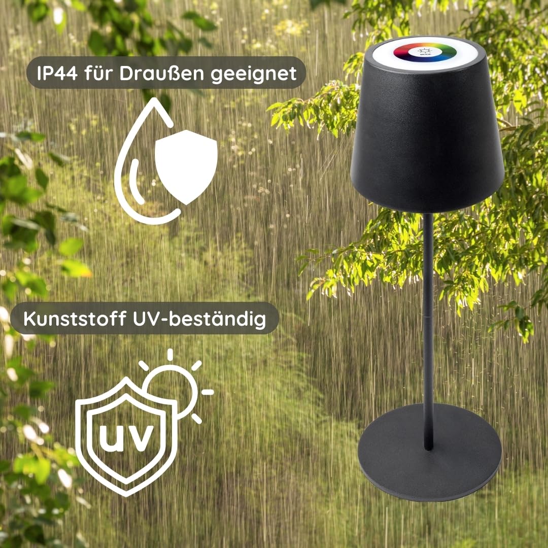 SCHWAIGER Lampada da tavolo a LED divisibile con controllo touch, lampada a batteria con RGB e bianco caldo, protezione IP44 e ricaricabile tramite USB-C, lampada senza fili per interni ed esterni