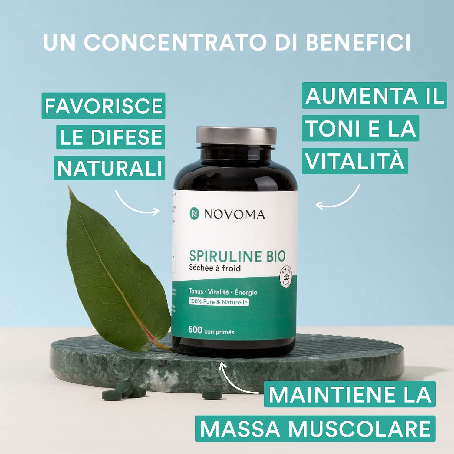 NOVOMA Spirulina Biologica 500 mg, 500 Compresse, Polvere Essicata a Freddo, Spirulina Pura e Naturale Senza Eccipienti, Fonte di Ficocianina, Proteine e Vitamine