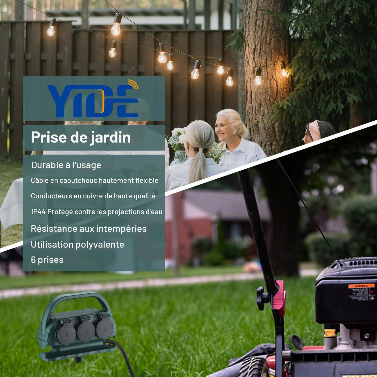 Multiprise de jardin 6 prises IP44 avec poignée de transport et piquet de terre, prise extérieure étanche avec câble en caoutchouc H07RN-F pour l'extérieur (5 m, vert)