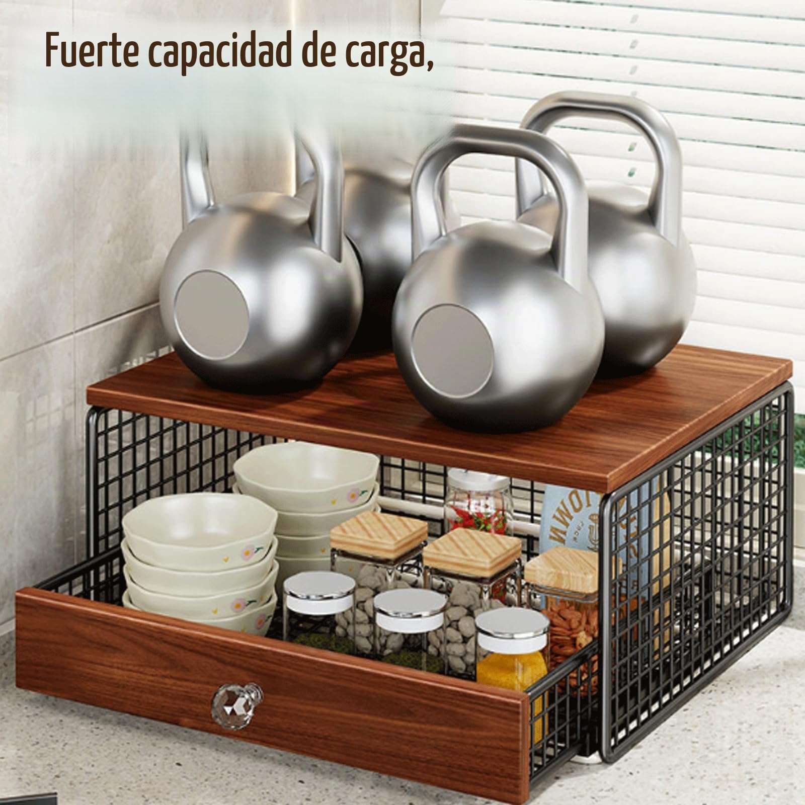 Soporte para Microondas 2 Niveles con CajóN ExtraíBle Madera MarróN Antiguo Bandeja De Malla MetáLica Multifuncional para Cocina