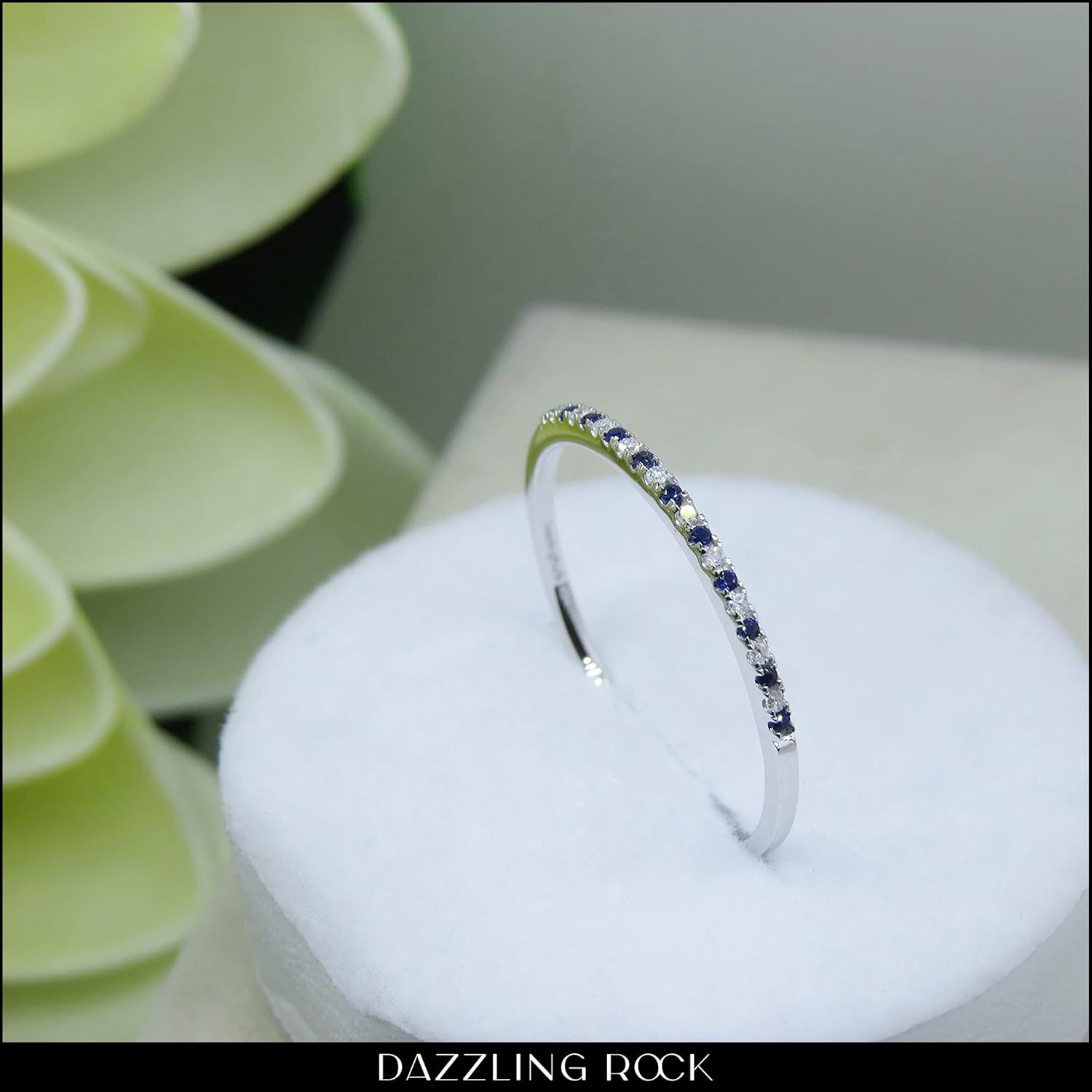 Dazzlingrock Collection Round Blue Sapphire & White Diamond Stackable Band for Women in Solid Gold