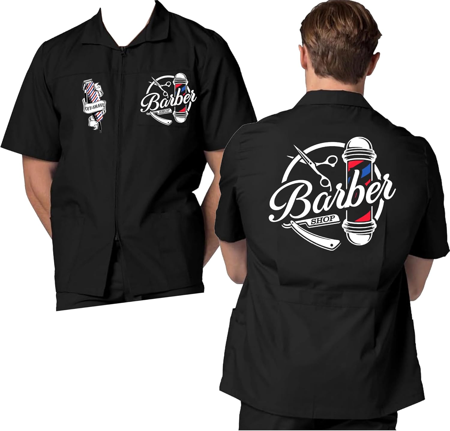 Leo Design Barber Shop Jacket, Black, Short Sleeve, Zip-Up, Barber Pole and Scissors Graphic, Men's Workwear, Barbershop Haircut Protective Jacket Uniform