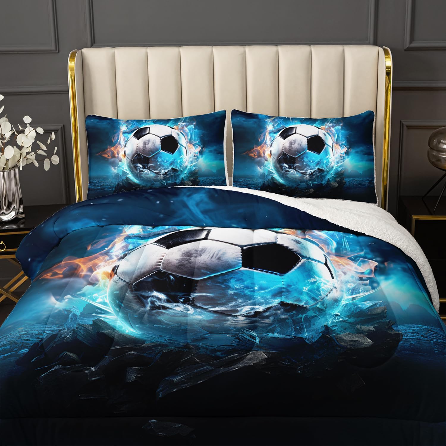 Soft and Plush Reversible Micromink and Sherpa Comforter with 2 Pillowcases,Boys Soccer Bedding Twin Size Comforter Set,Sport Themed Fuzzy Comforter for Kids Room Decor.