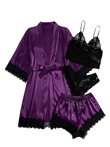 WDIRARA Women' Silk Satin Pajamas Set 4pcs Lingerie Floral Lace Cami Sleepwear with Robe - Large - Black and Purple